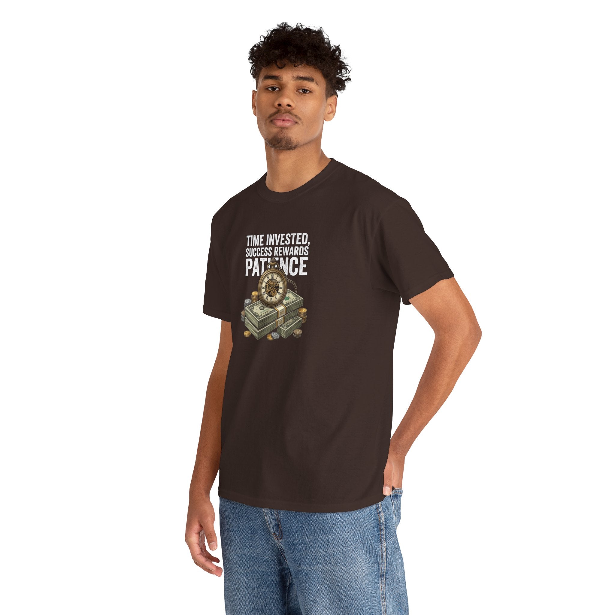 Time Invested Success Rewards Patience Tee | Stacked Cash and Compass Design