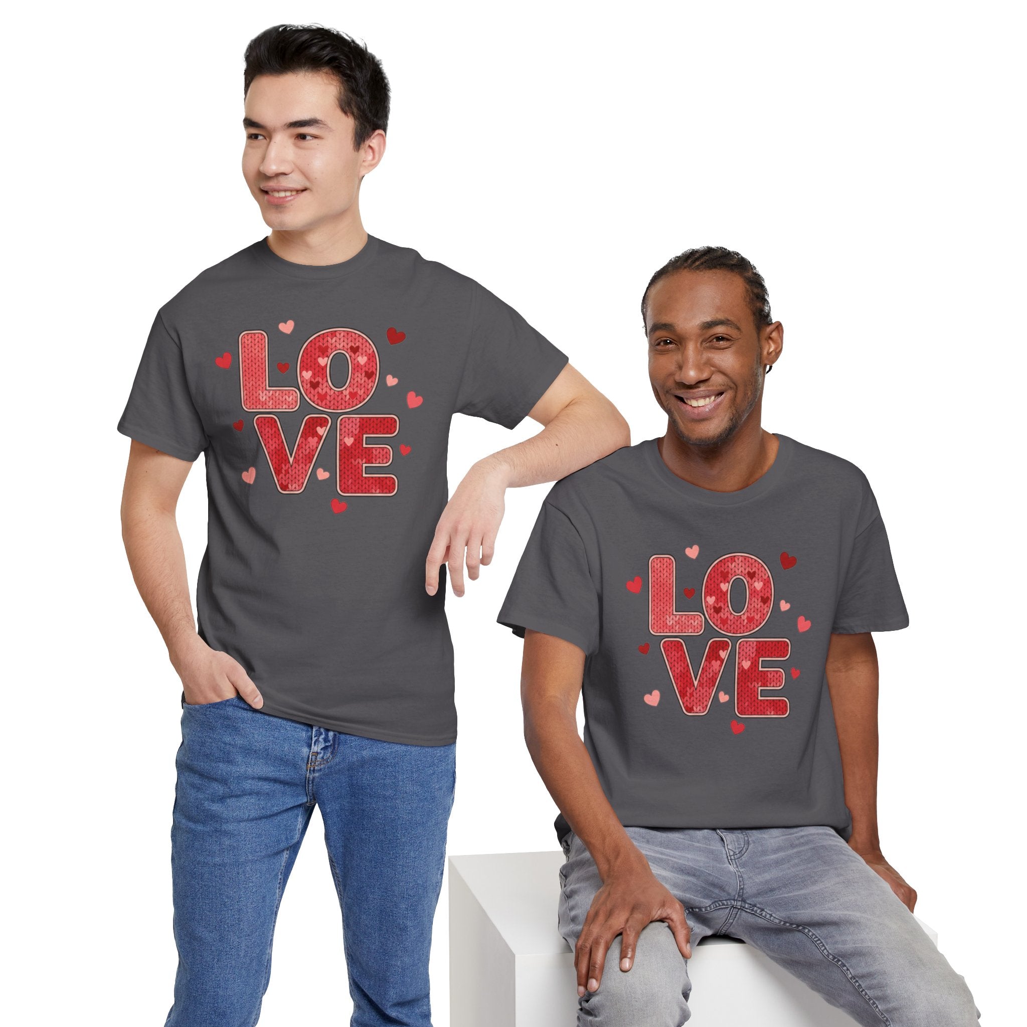 LOVE Heart Pattern T-Shirt  - Valentine Day Typography Tee with Red Hearts