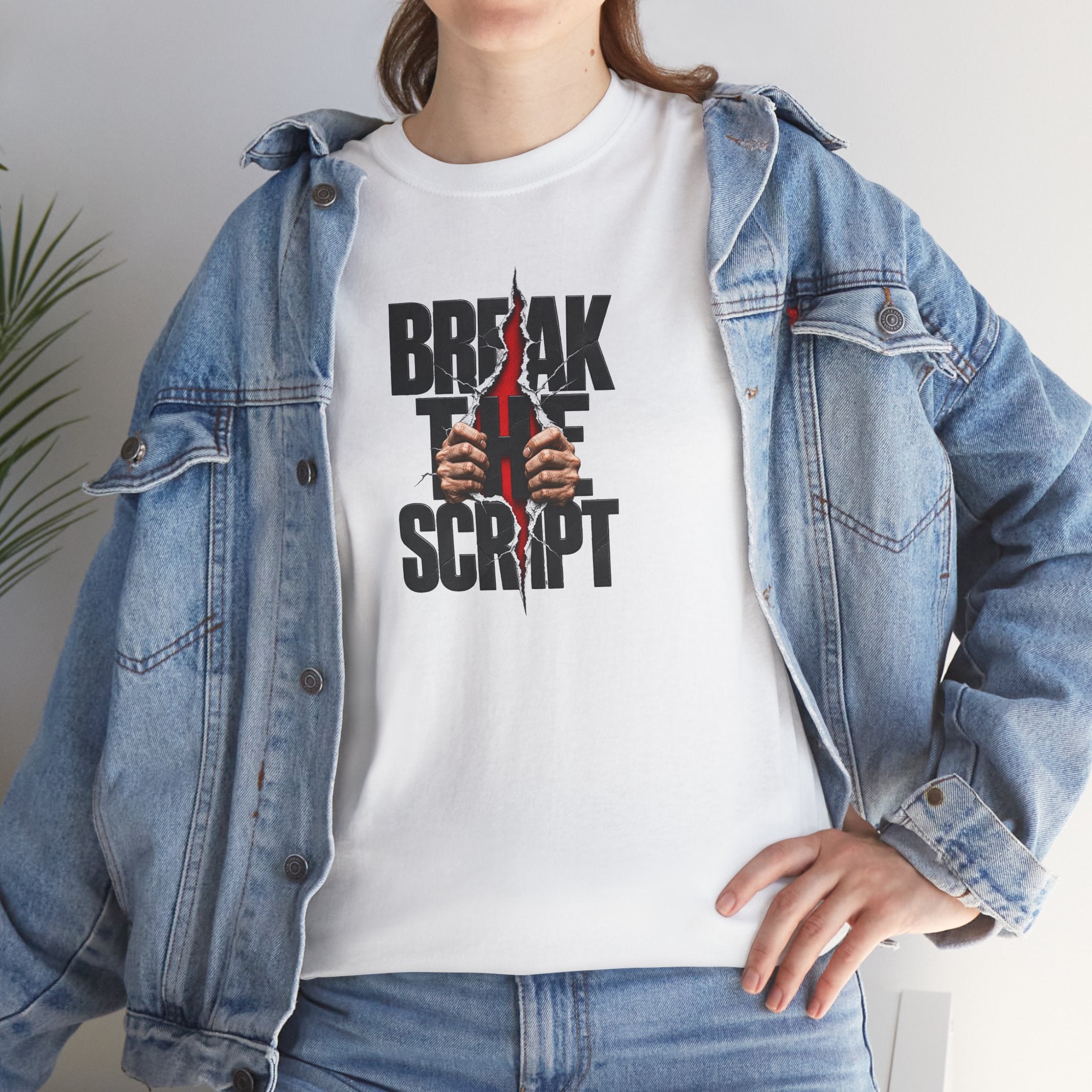Break the Script hands ripping text Tee | Rebellious typography shirt