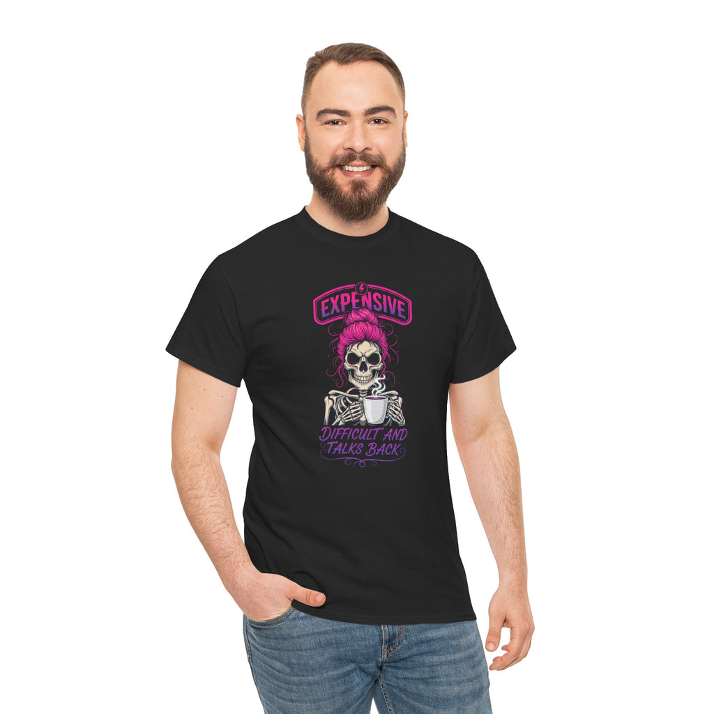 Expensive Skull with Pink Beanie T-Shirt | 'Difficult and Talks Back' Graphic Tee