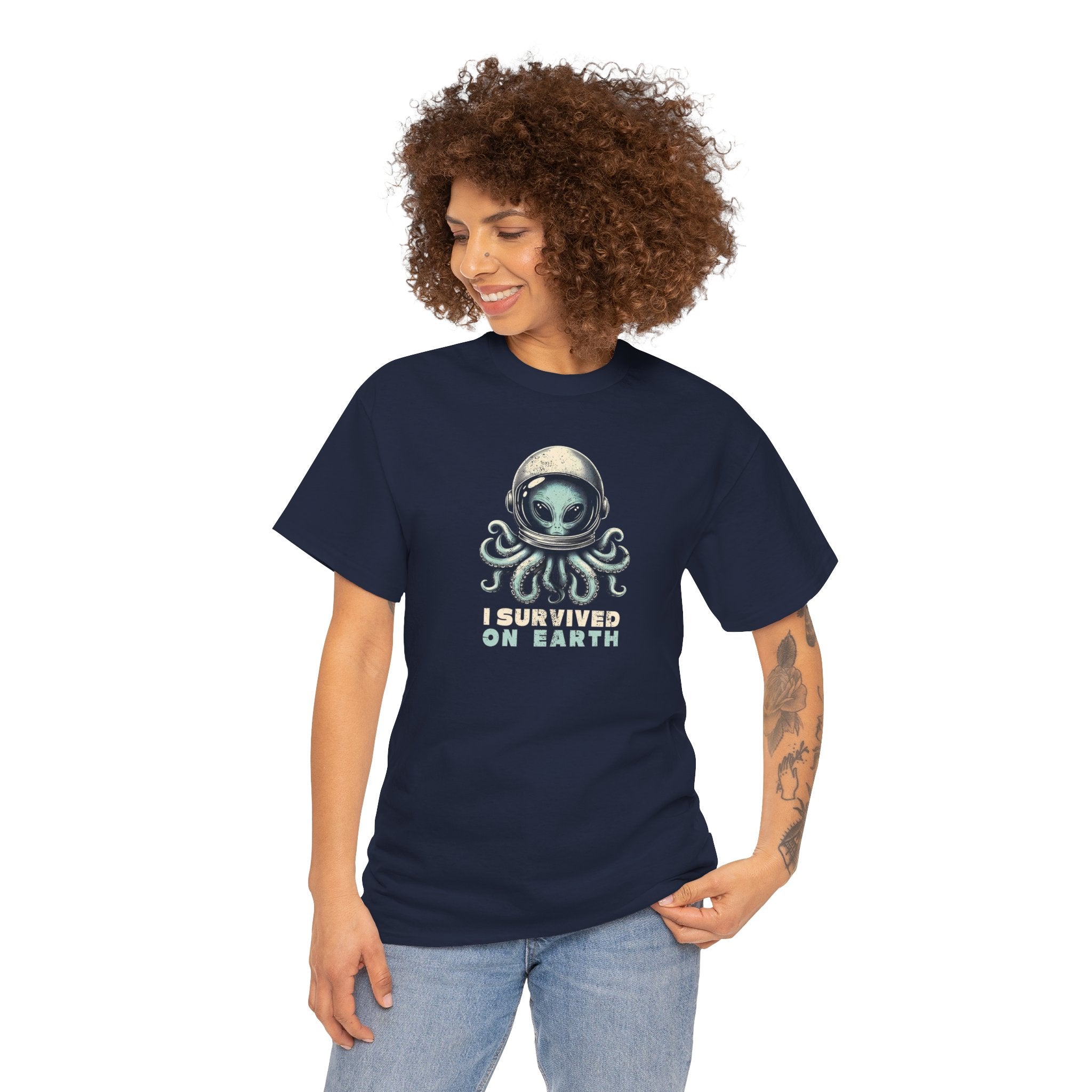 I Survived on Earth Alien Octopus Tee | Space Helmet Illustration