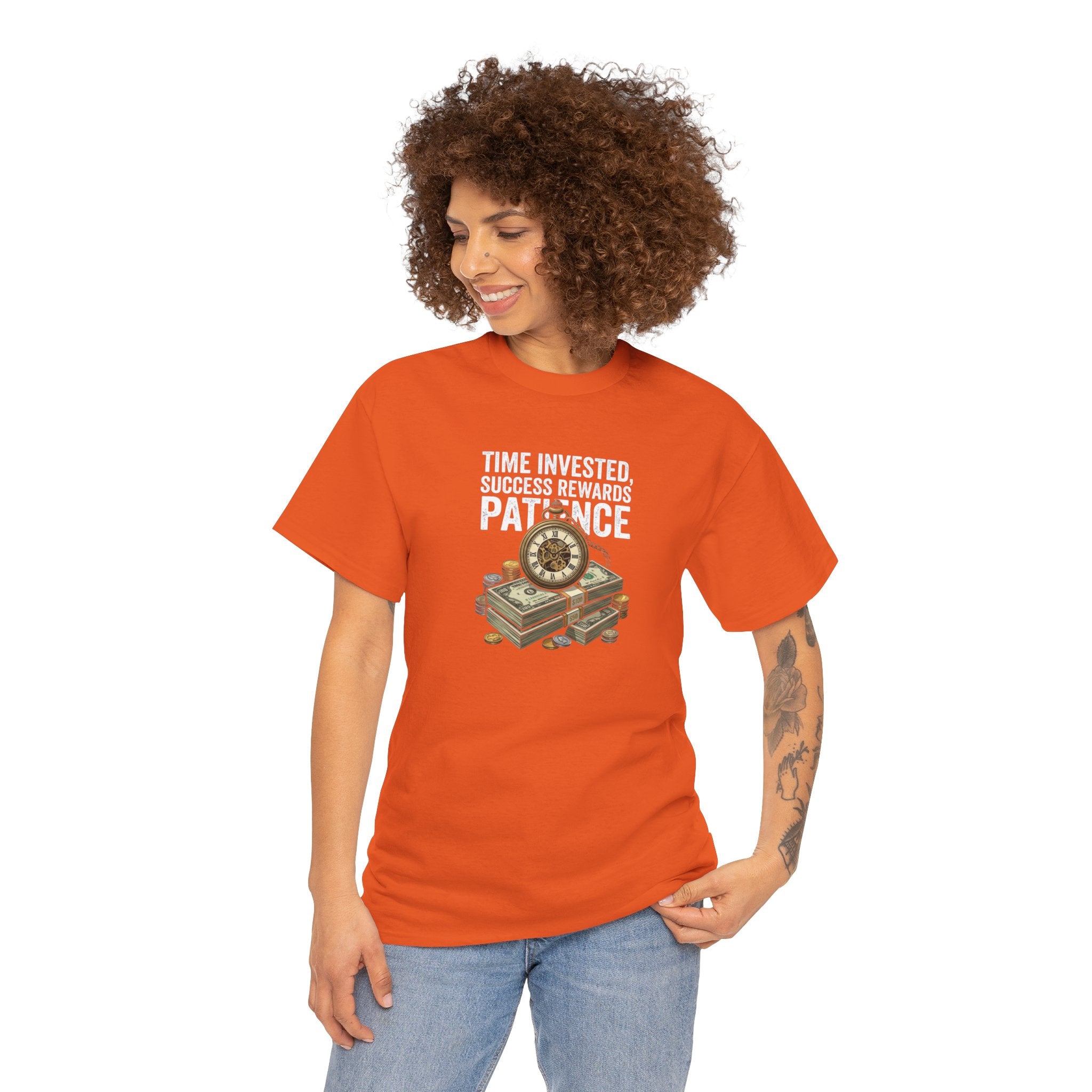Time Invested Success Rewards Patience Tee | Stacked Cash and Compass Design
