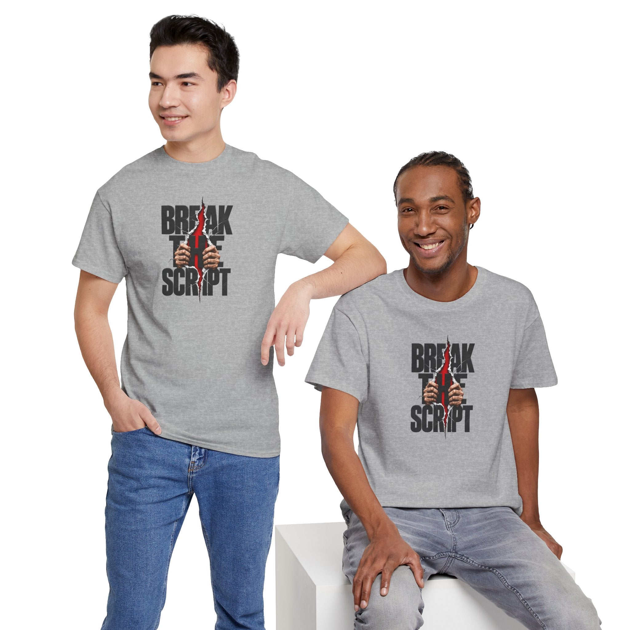 Break the Script hands ripping text Tee | Rebellious typography shirt