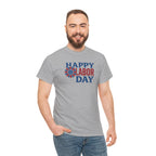 Happy Labor Day T-Shirt | Patriotic Floral Sunburst, Red Blue Holiday Tee
