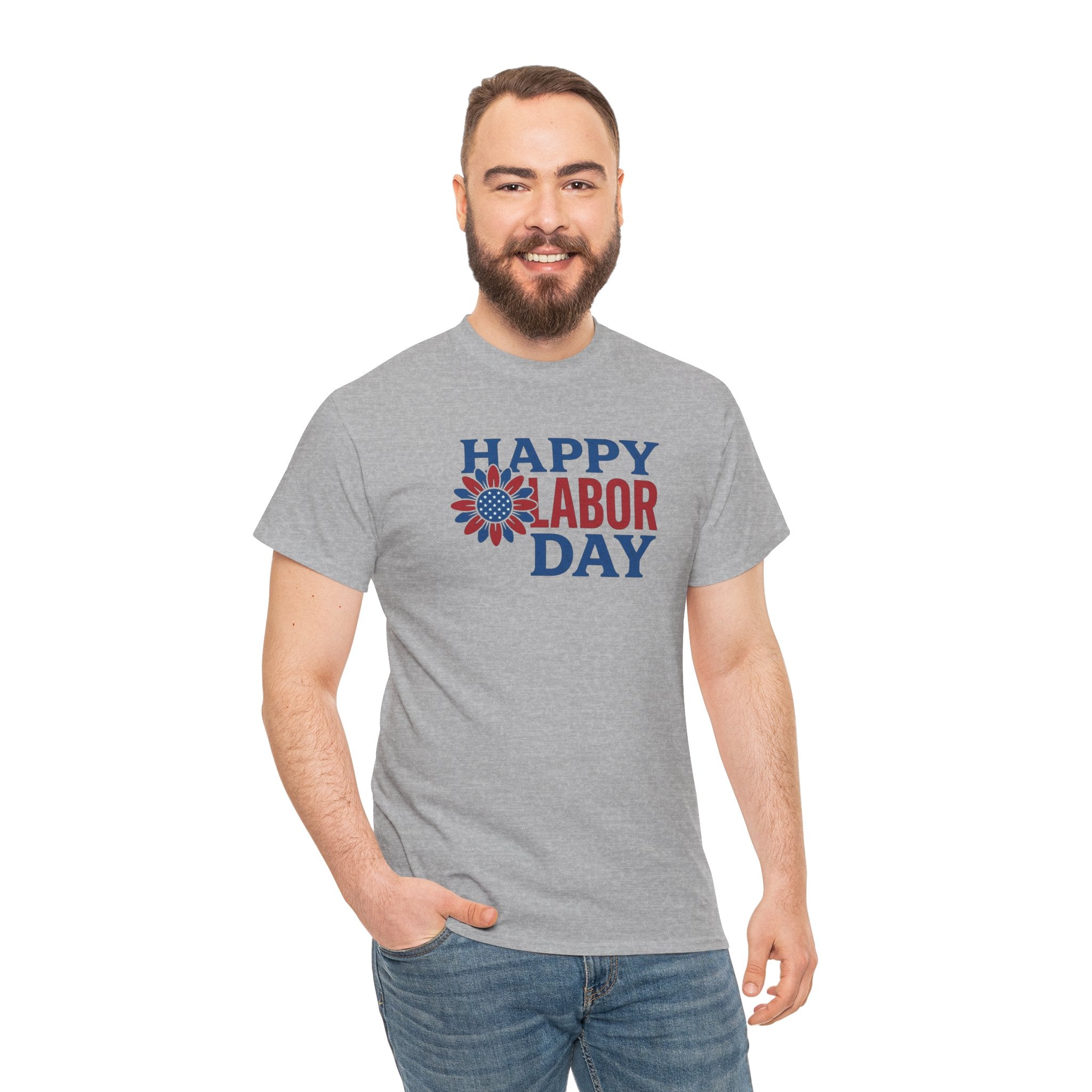 Happy Labor Day T-Shirt | Patriotic Floral Sunburst, Red Blue Holiday Tee