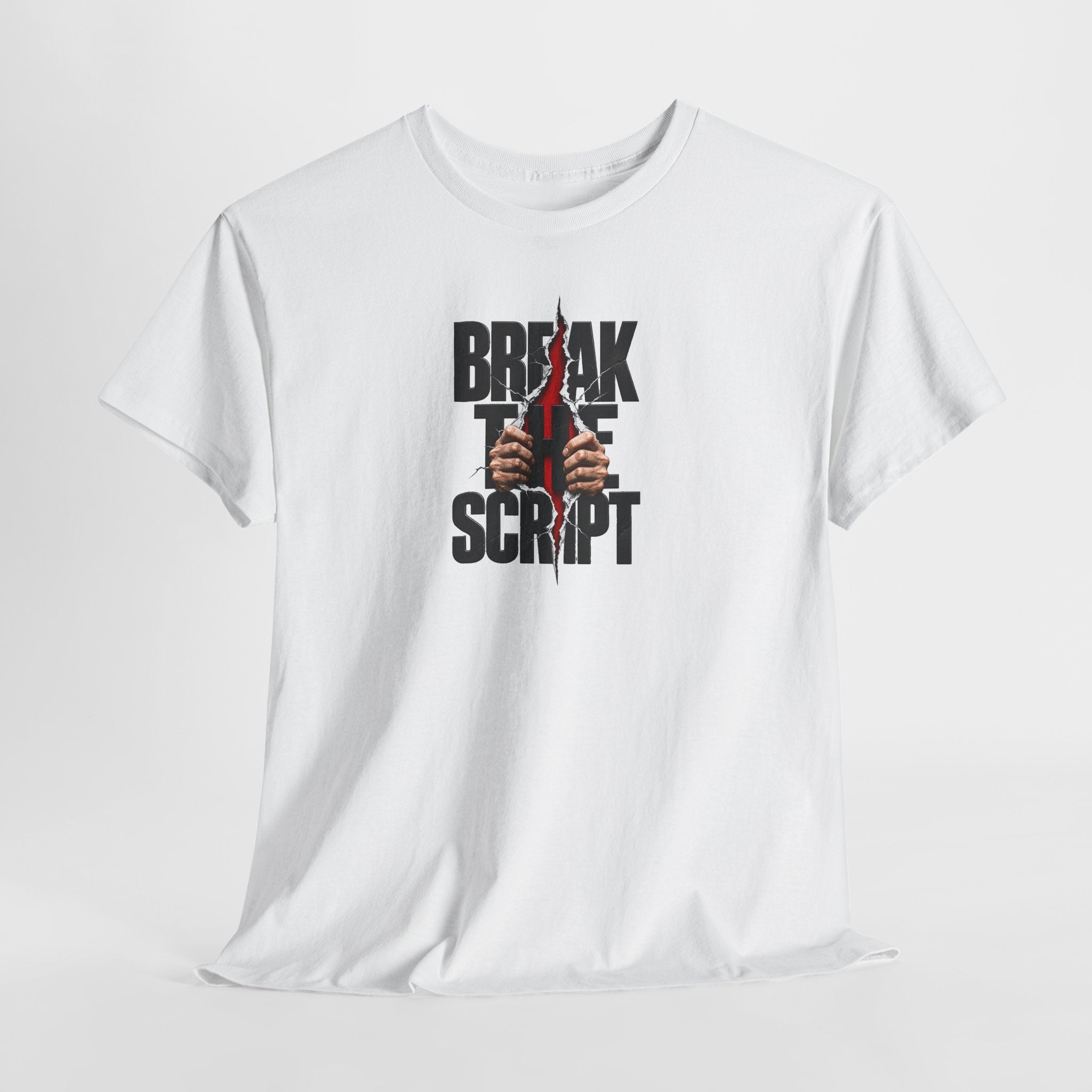 Break the Script hands ripping text Tee | Rebellious typography shirt