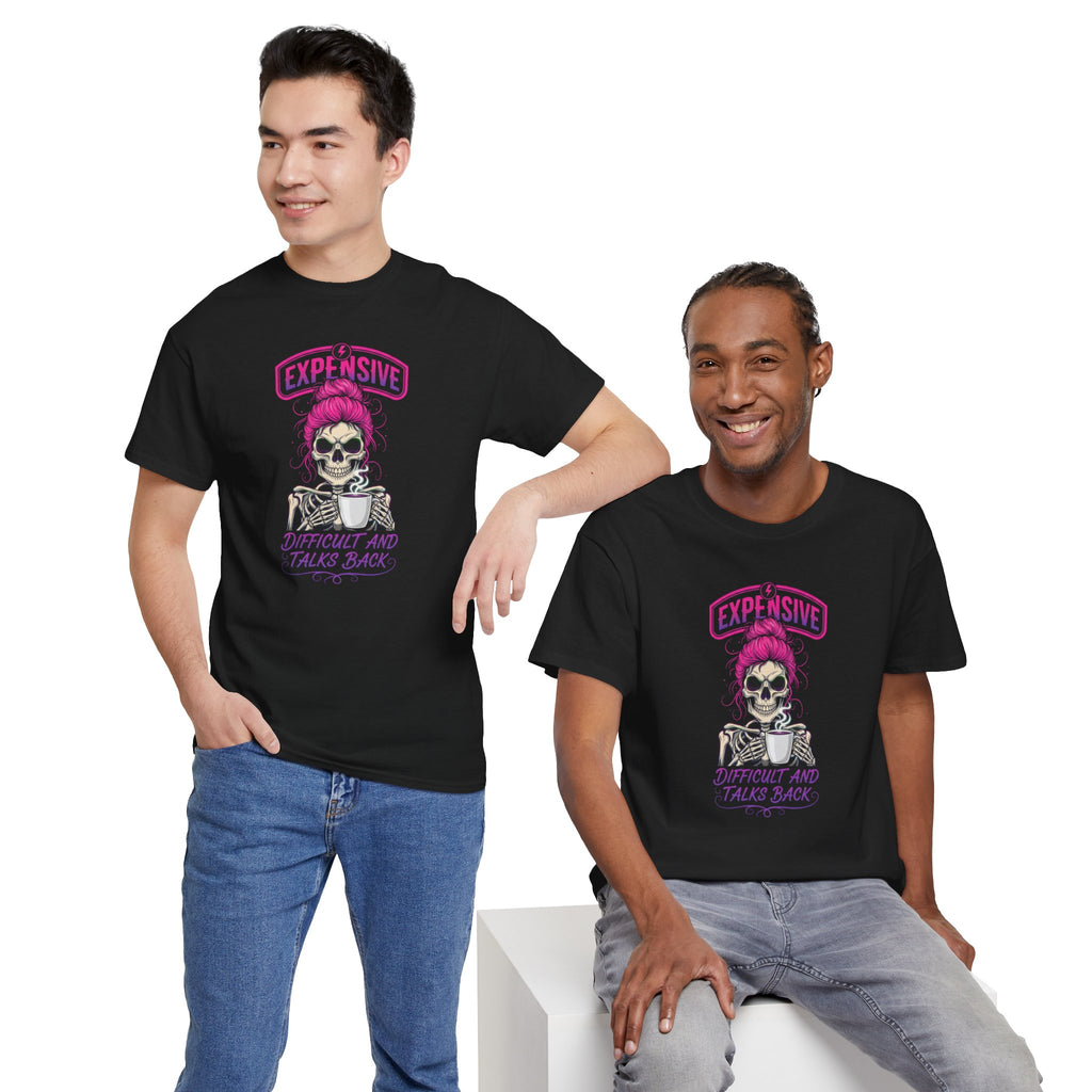 Expensive Skull with Pink Beanie T-Shirt | 'Difficult and Talks Back' Graphic Tee