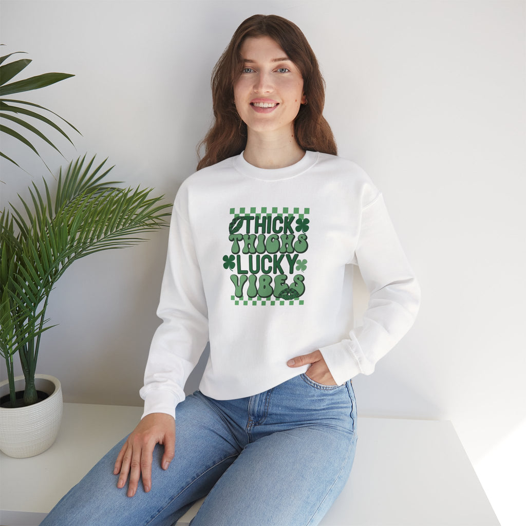 Thick Thighs Lucky Vibes Sweatshirt | Retro Clover Stacked Text