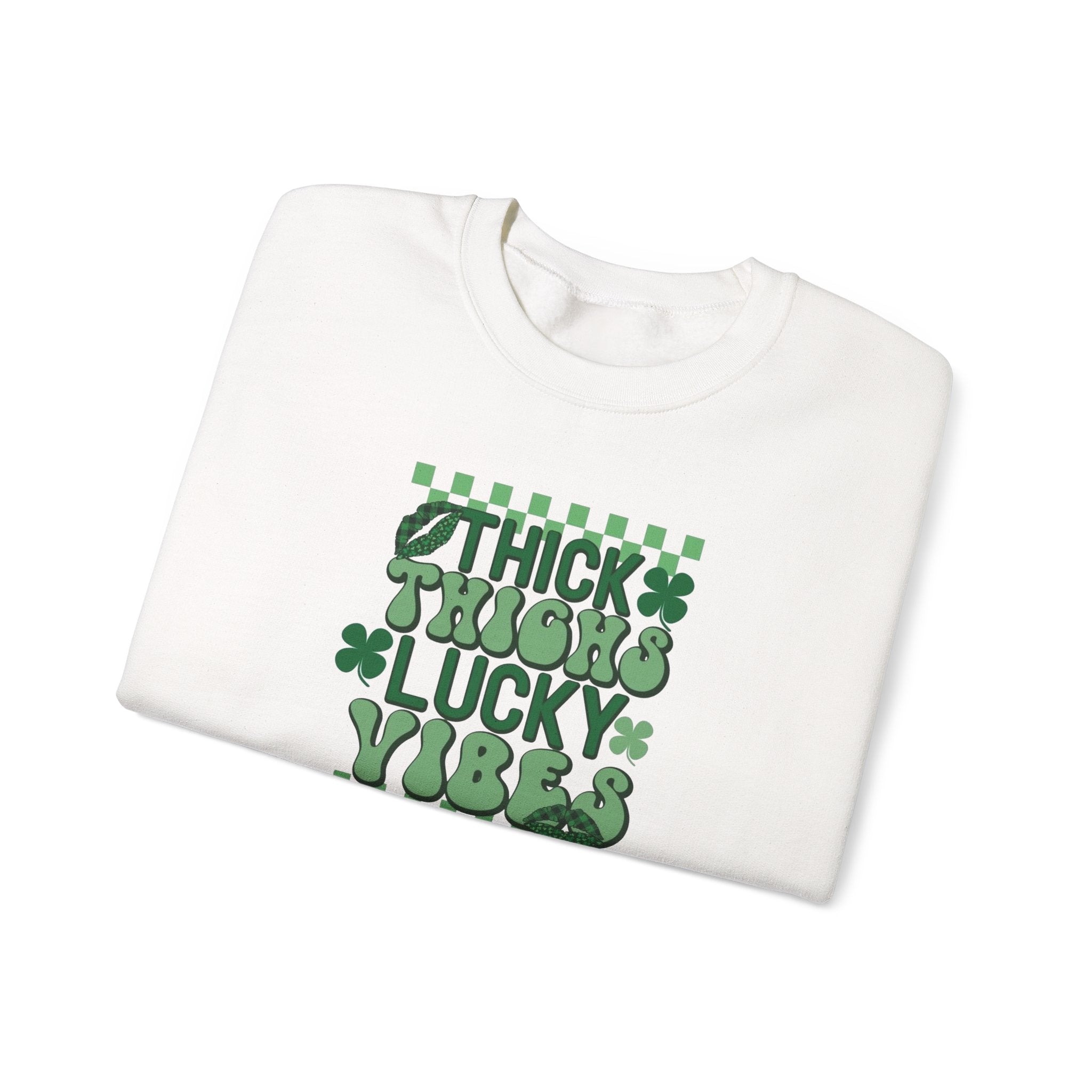 Thick Thighs Lucky Vibes Sweatshirt | Retro Clover Stacked Text