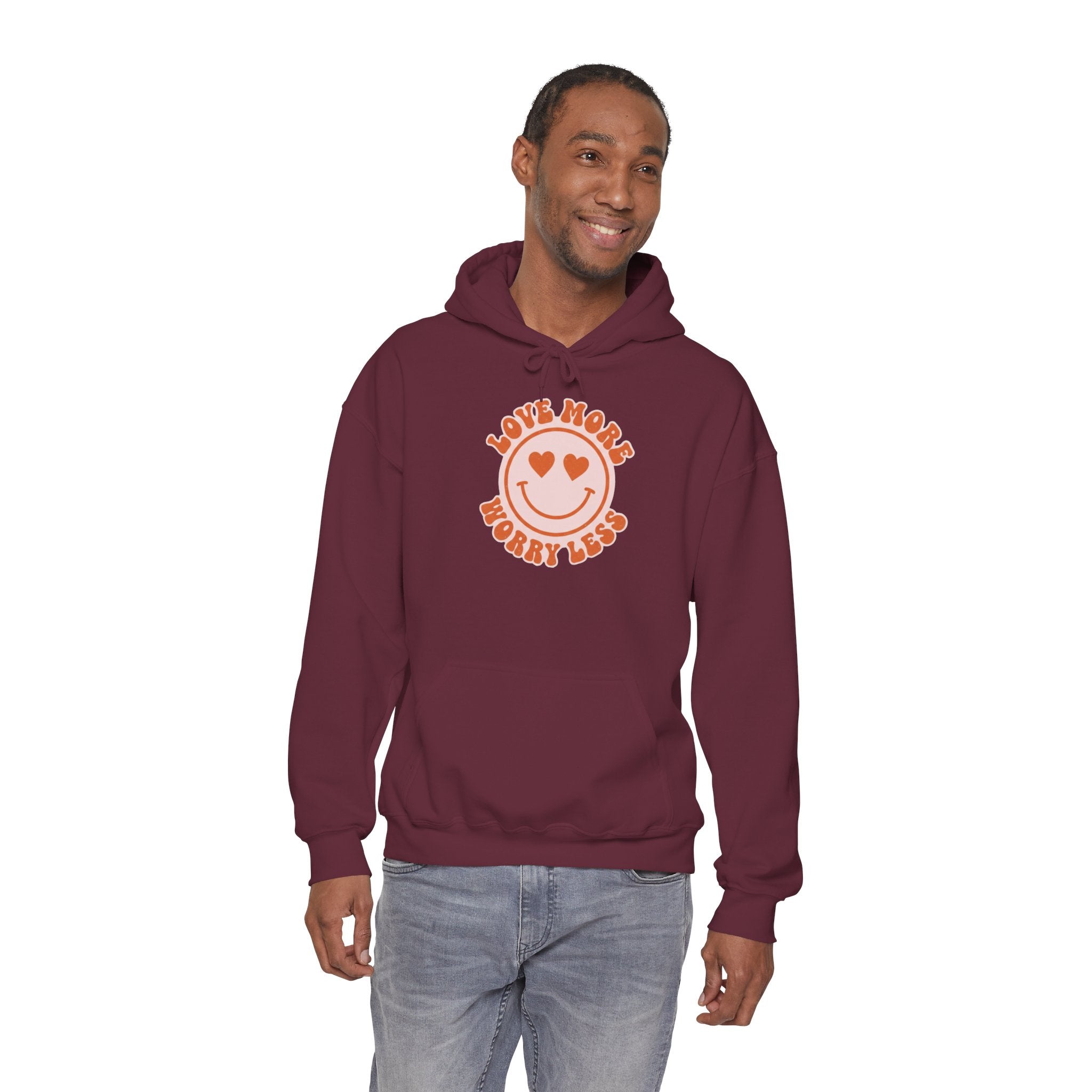 Valentine's Day Love More Worry Less Hoodie | Heart Eyes Smiley