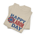 Happy Labor Day T-Shirt | Patriotic Floral Sunburst, Red Blue Holiday Tee