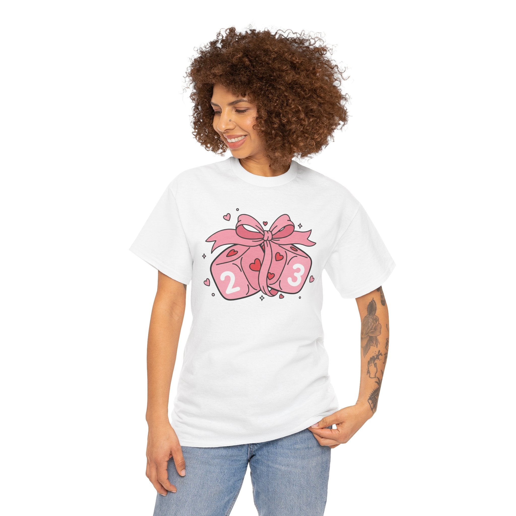 Valentine's Day Pink Dice T-Shirt | Cute D6 Gaming Tee with Bow