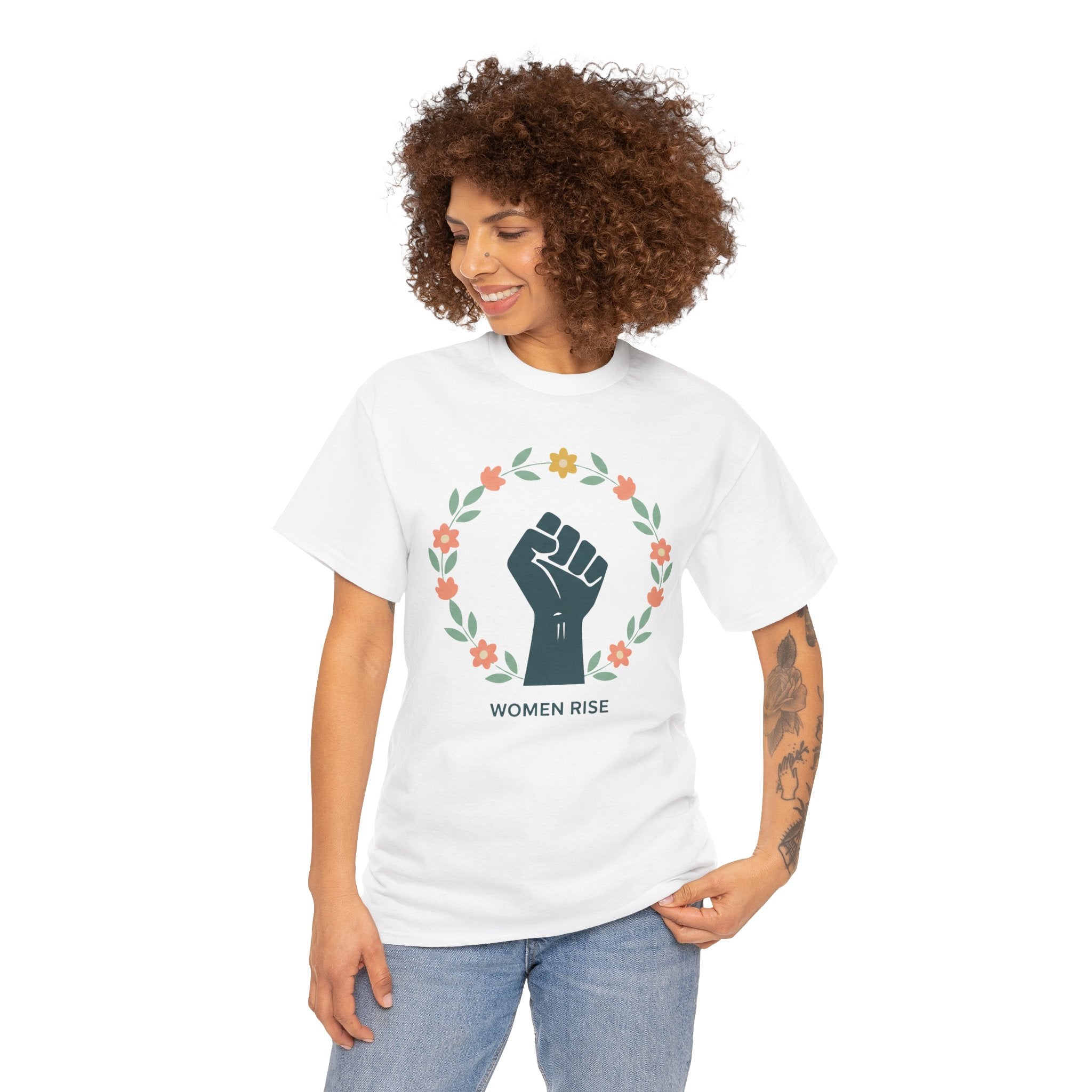 Women Rise Fist Tee | Feminist Power Floral Wreath T-Shirt
