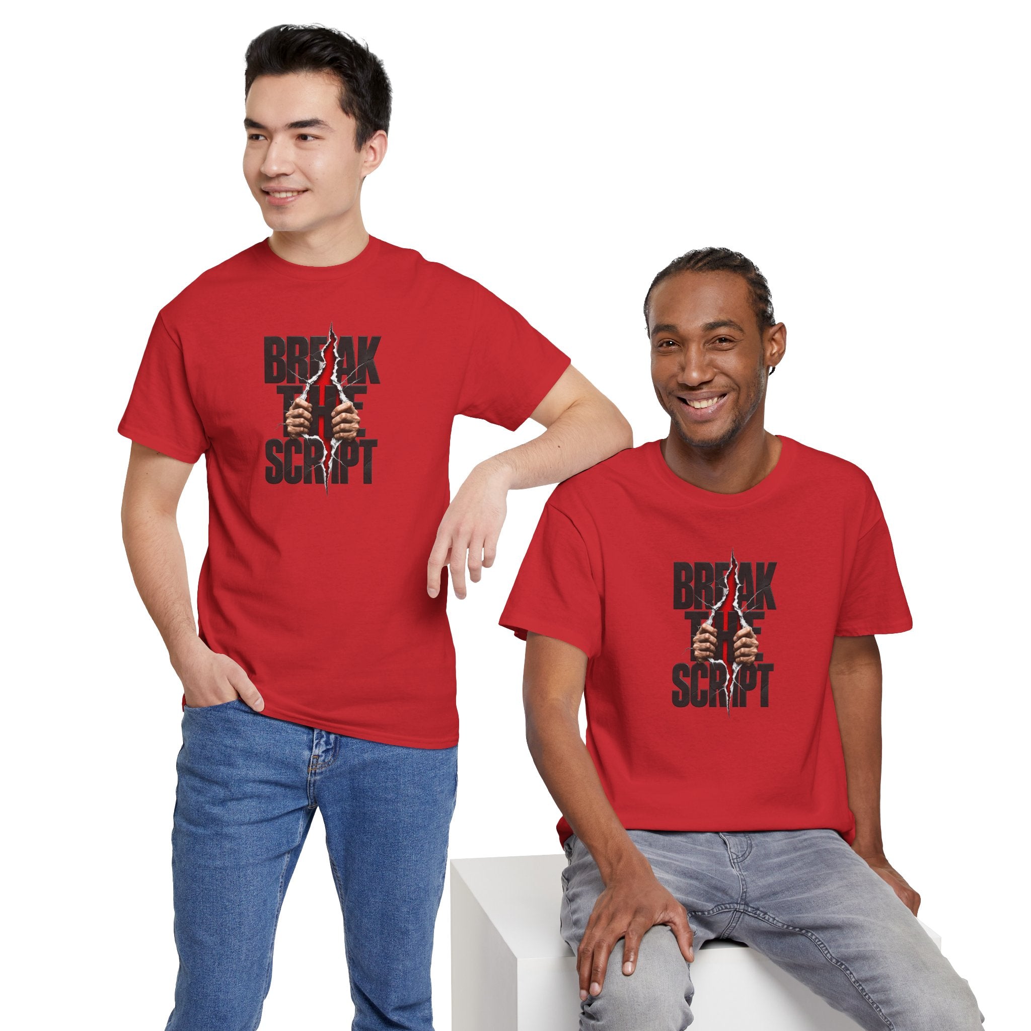 Break the Script hands ripping text Tee | Rebellious typography shirt