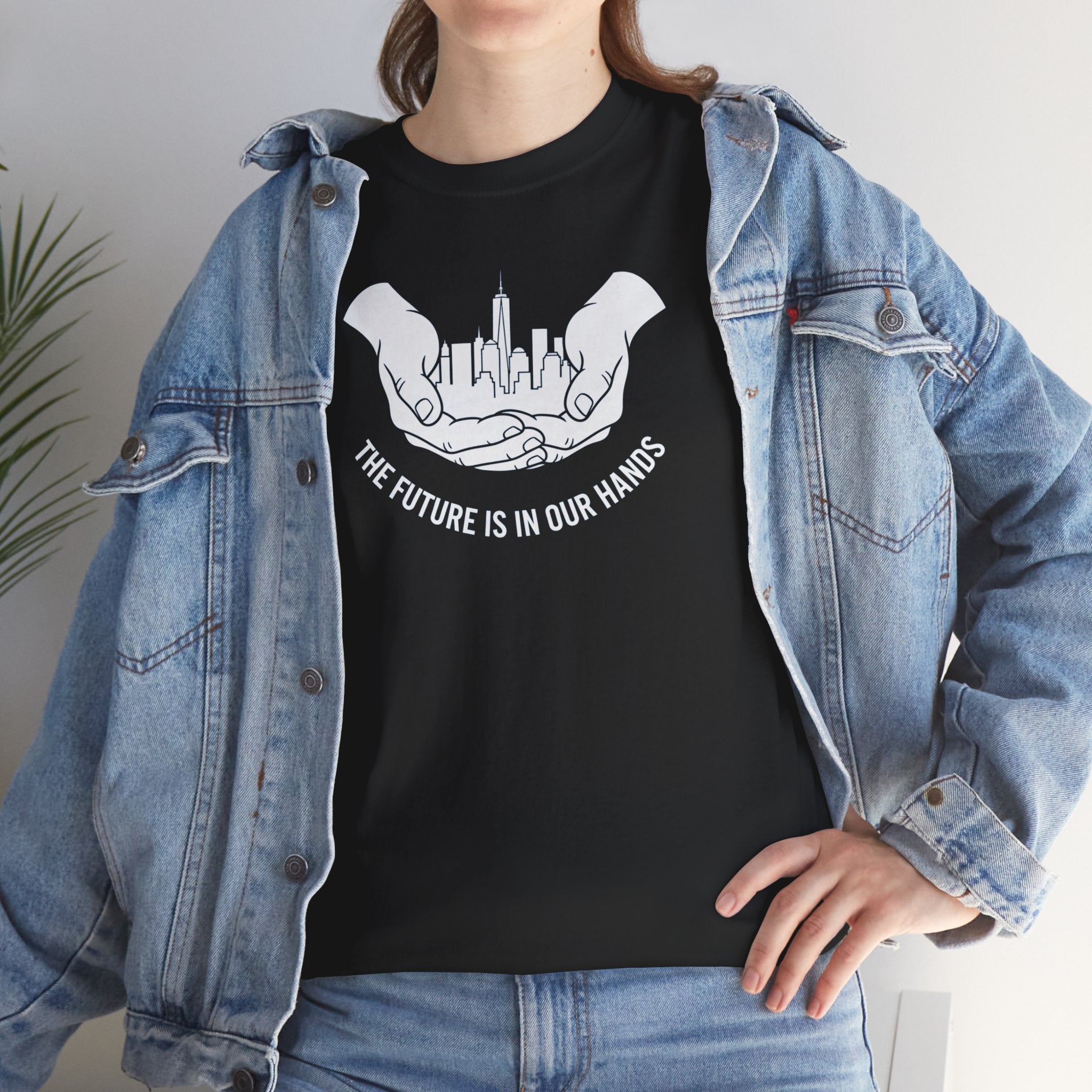 The Future Is In Our Hands T-Shirt | Hands Holding City Skyline Graphic