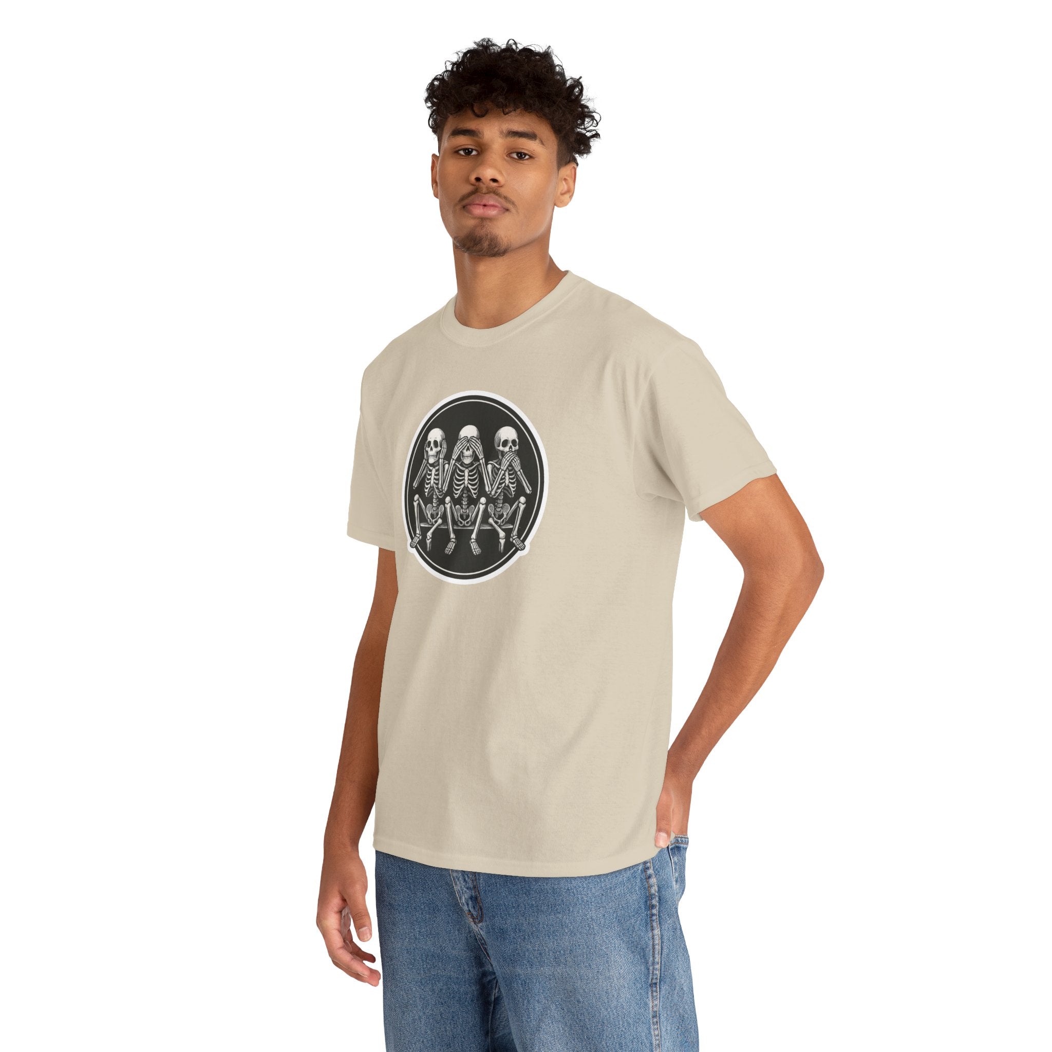 Three Sitting Skeletons Tee | Skull Circle Illustration, Halloween Shirt