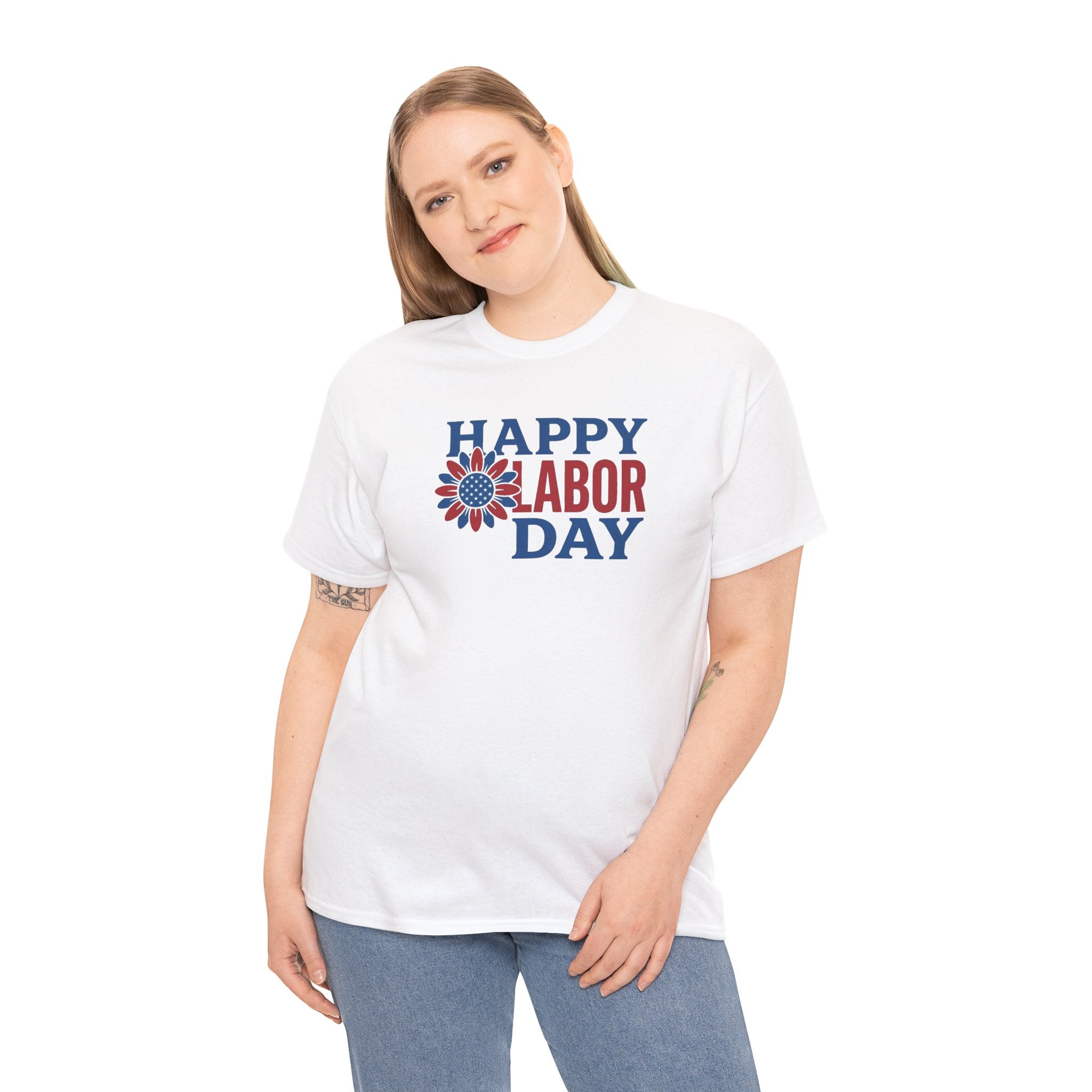 Happy Labor Day T-Shirt | Patriotic Floral Sunburst, Red Blue Holiday Tee