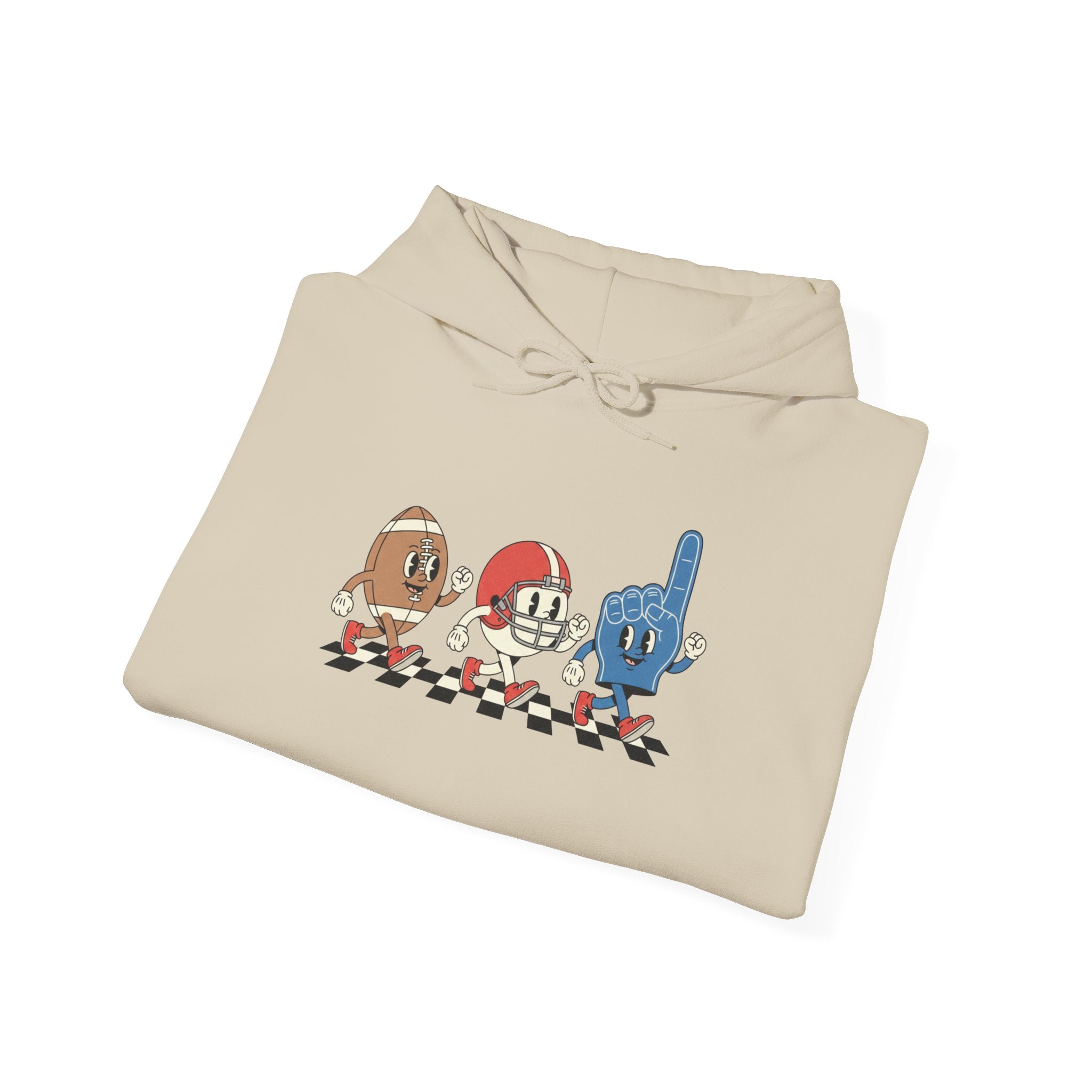 Vintage Football Characters Hoodie | Cartoon Helmet, Foam Finger, Football Mascot