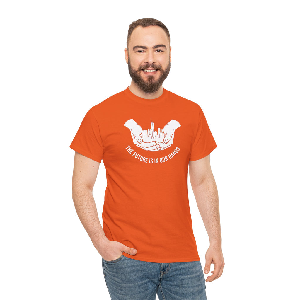 The Future Is In Our Hands T-Shirt | Hands Holding City Skyline Graphic