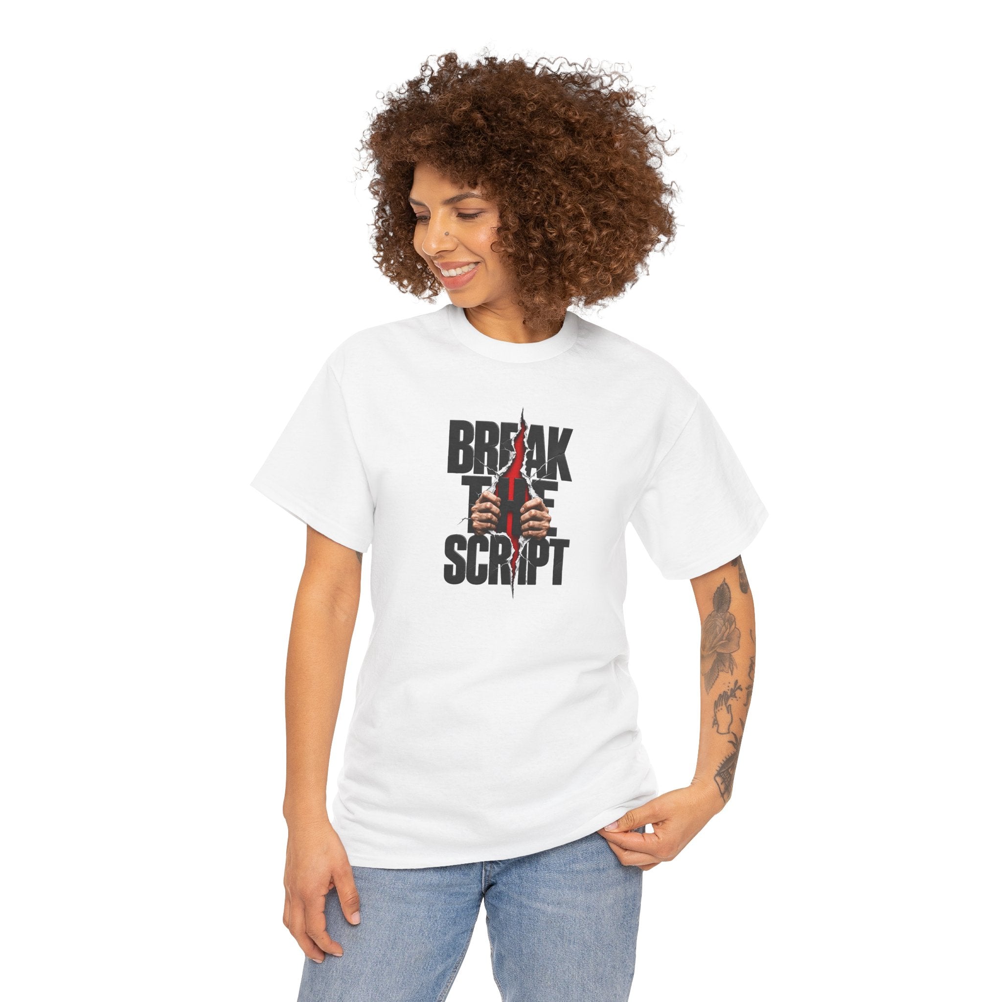 Break the Script hands ripping text Tee | Rebellious typography shirt