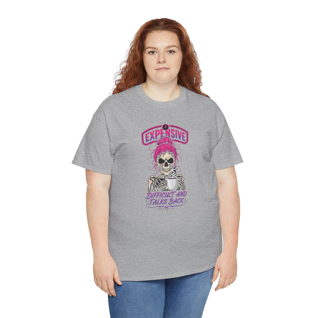 Expensive Skull with Pink Beanie T-Shirt | 'Difficult and Talks Back' Graphic Tee