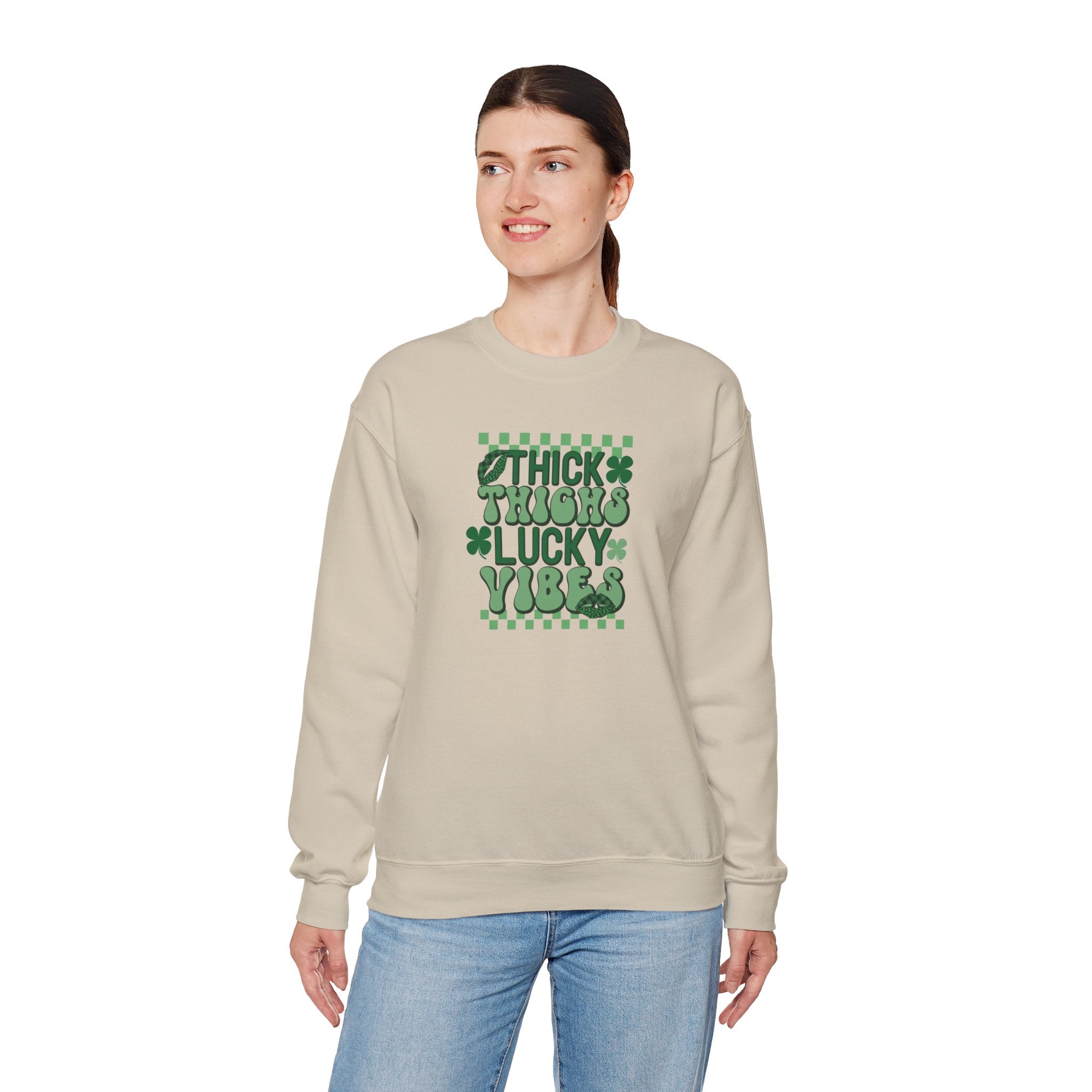 Thick Thighs Lucky Vibes Sweatshirt | Retro Clover Stacked Text