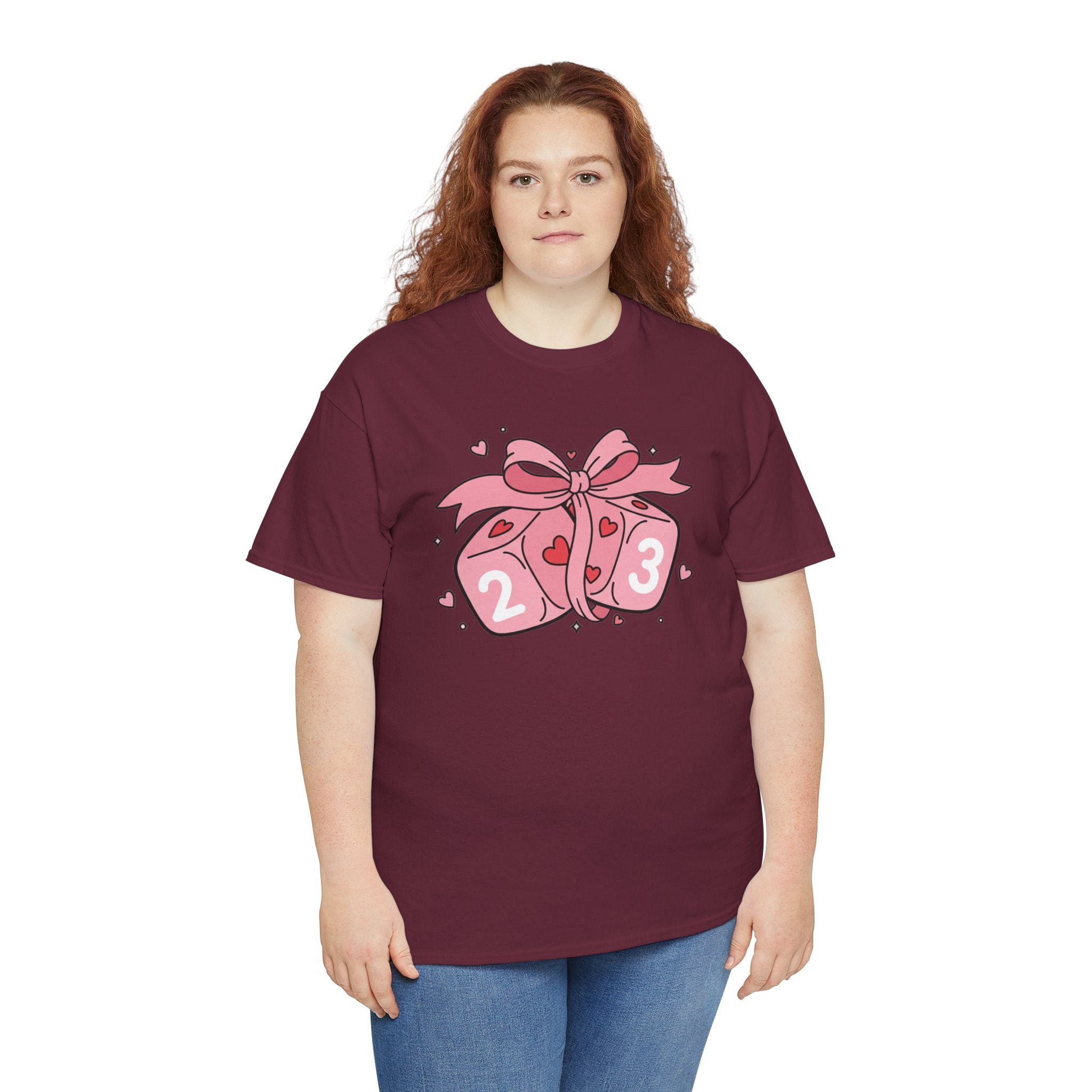 Valentine's Day Pink Dice T-Shirt | Cute D6 Gaming Tee with Bow