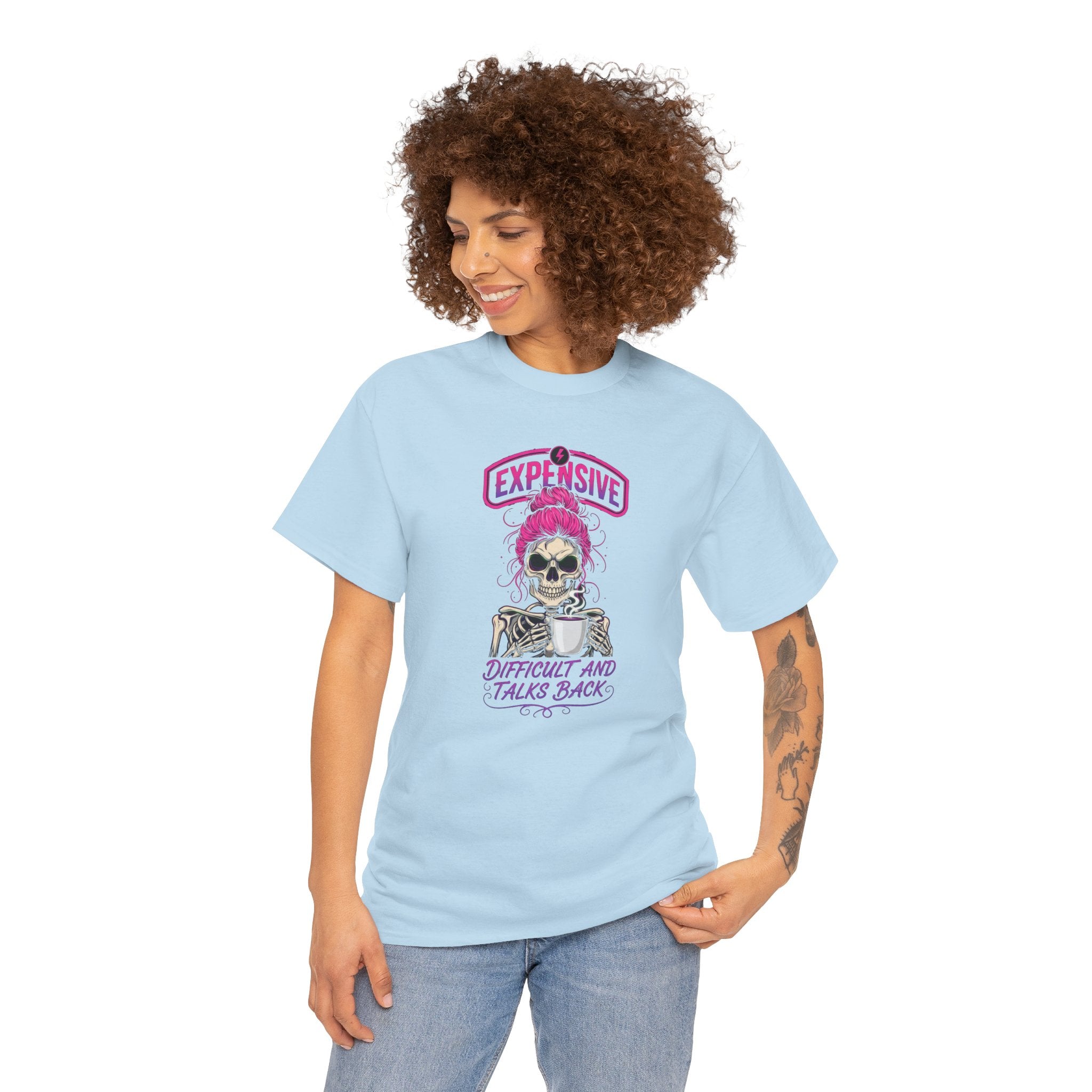 Expensive Skull with Pink Beanie T-Shirt | 'Difficult and Talks Back' Graphic Tee