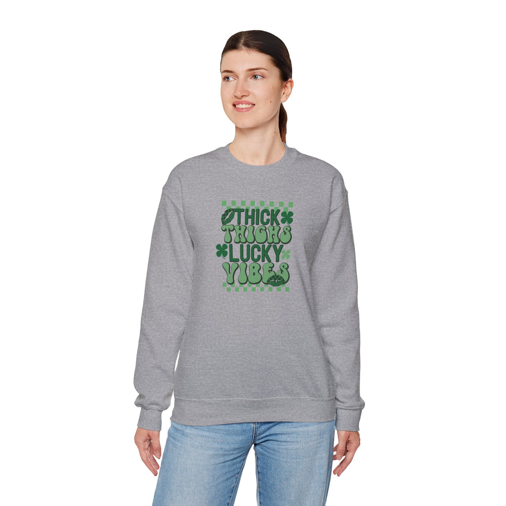 Thick Thighs Lucky Vibes Sweatshirt | Retro Clover Stacked Text