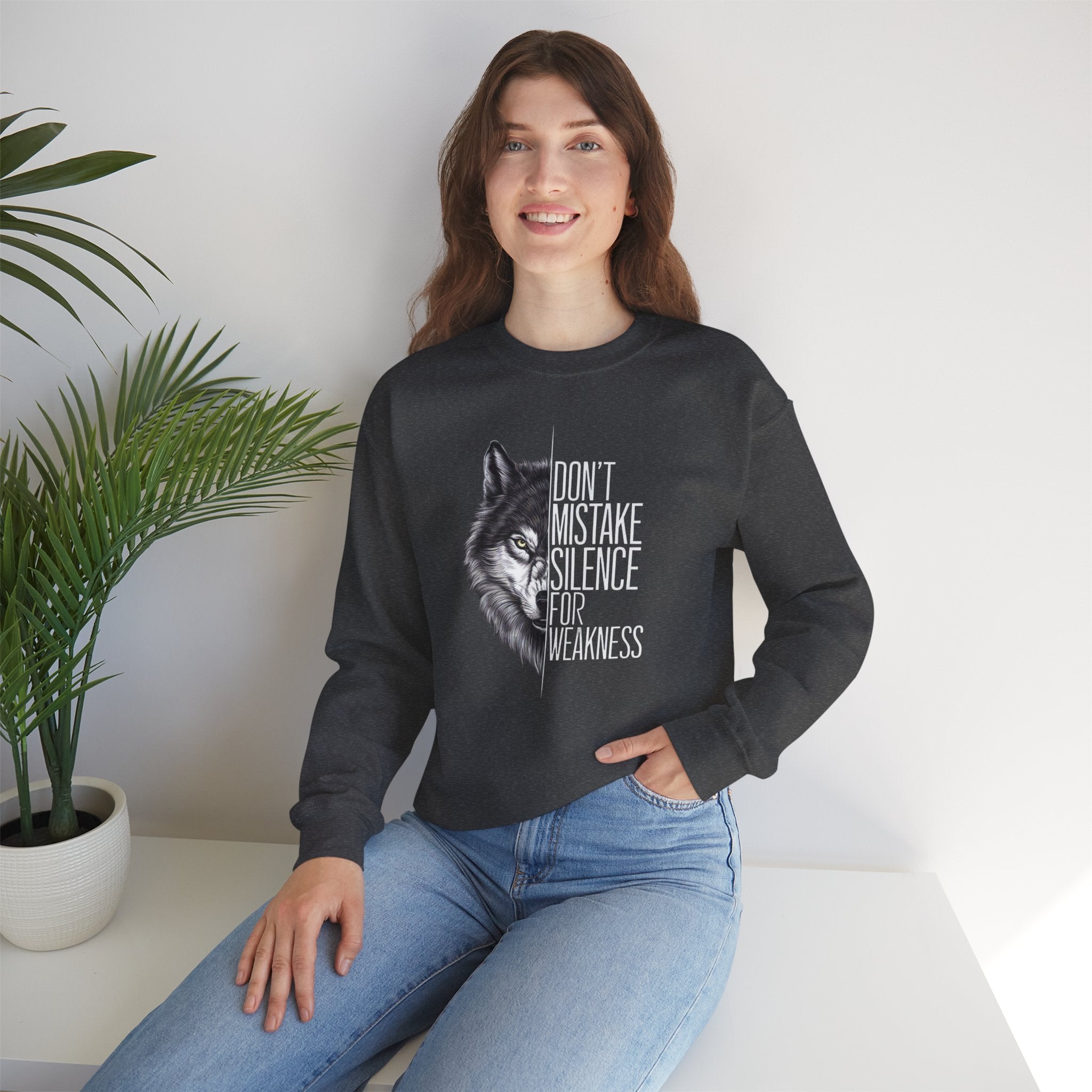 Wolf Half-Face Portrait Don't Mistake Silence For Weakness Crewneck