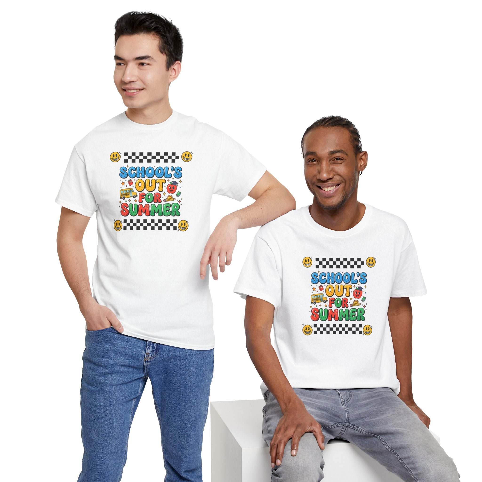 School's Out for Summer T-Shirt | Retro Smileys, Checkerboard, Bright Kids Graphic
