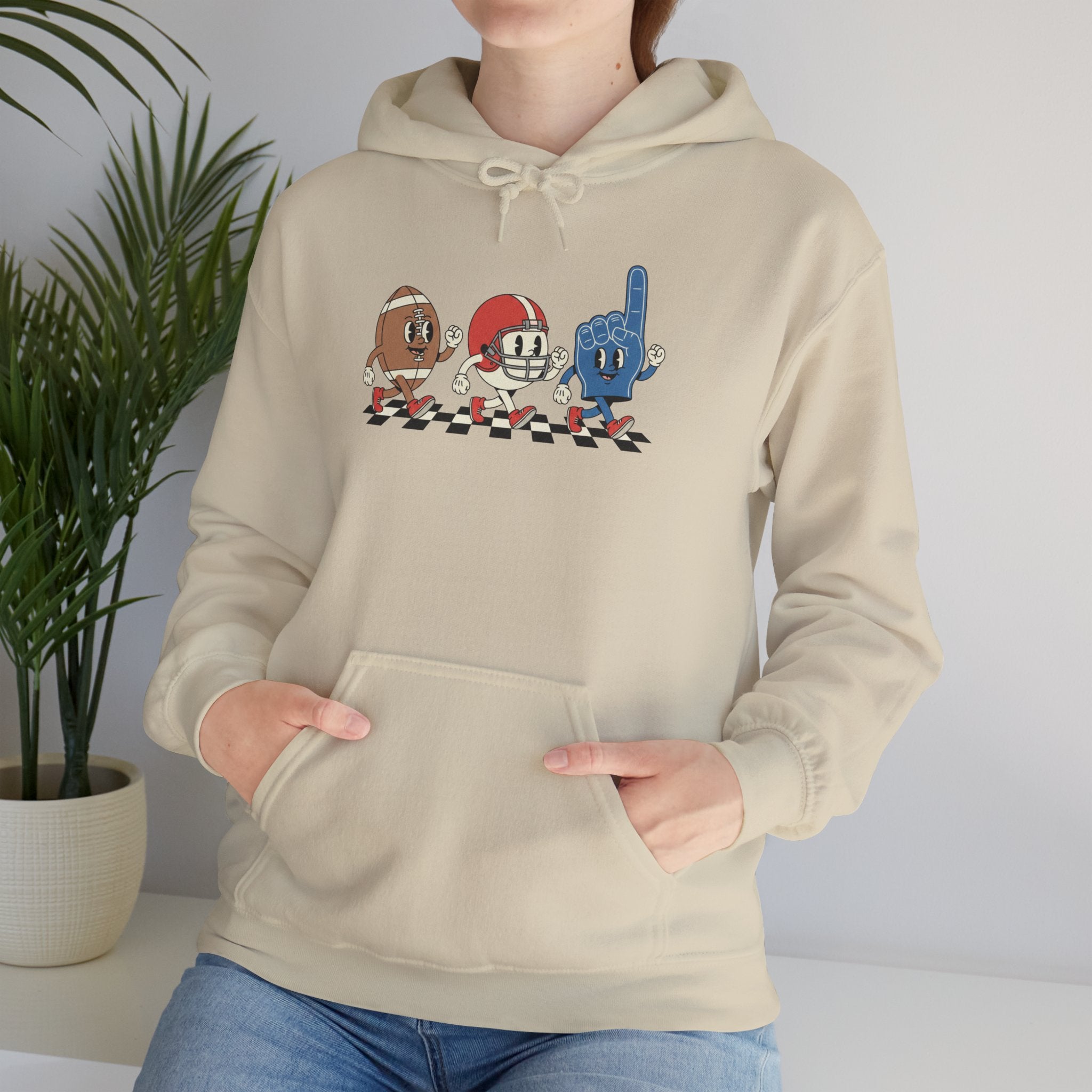 Vintage Football Characters Hoodie | Cartoon Helmet, Foam Finger, Football Mascot