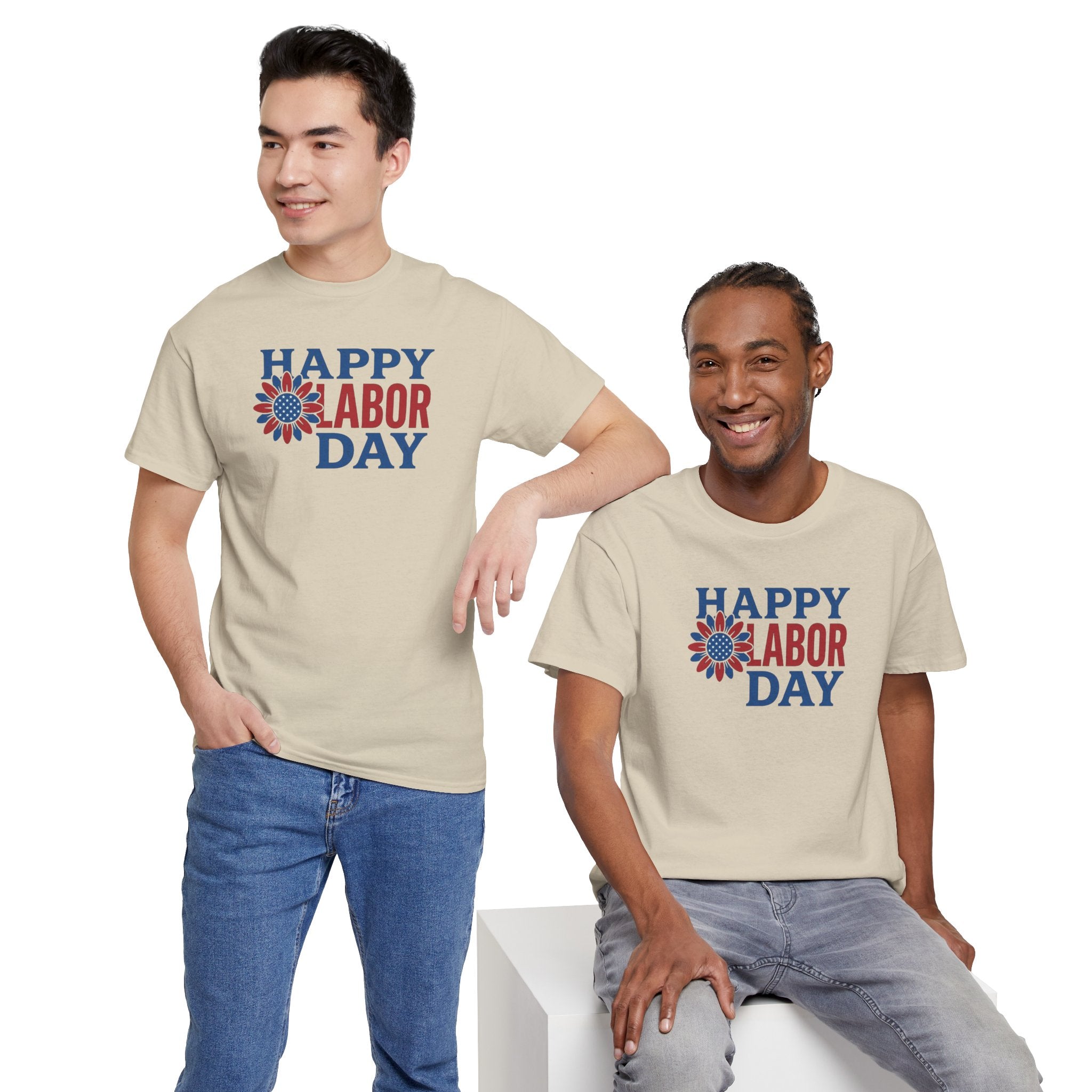 Happy Labor Day T-Shirt | Patriotic Floral Sunburst, Red Blue Holiday Tee