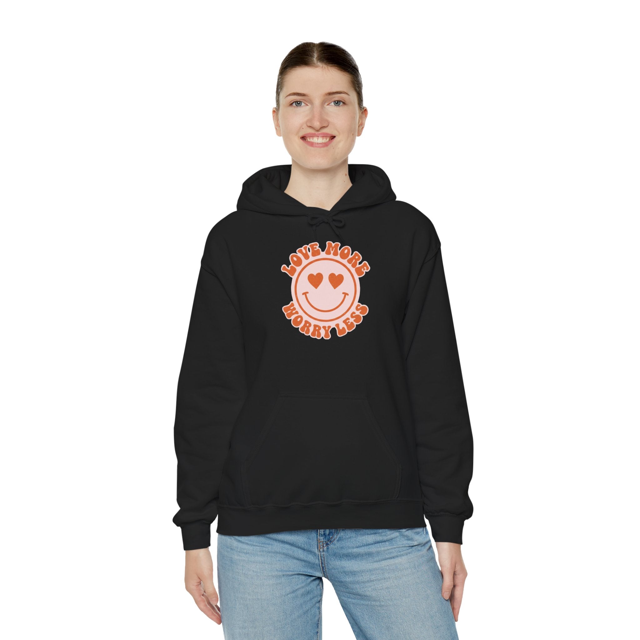 Valentine's Day Love More Worry Less Hoodie | Heart Eyes Smiley
