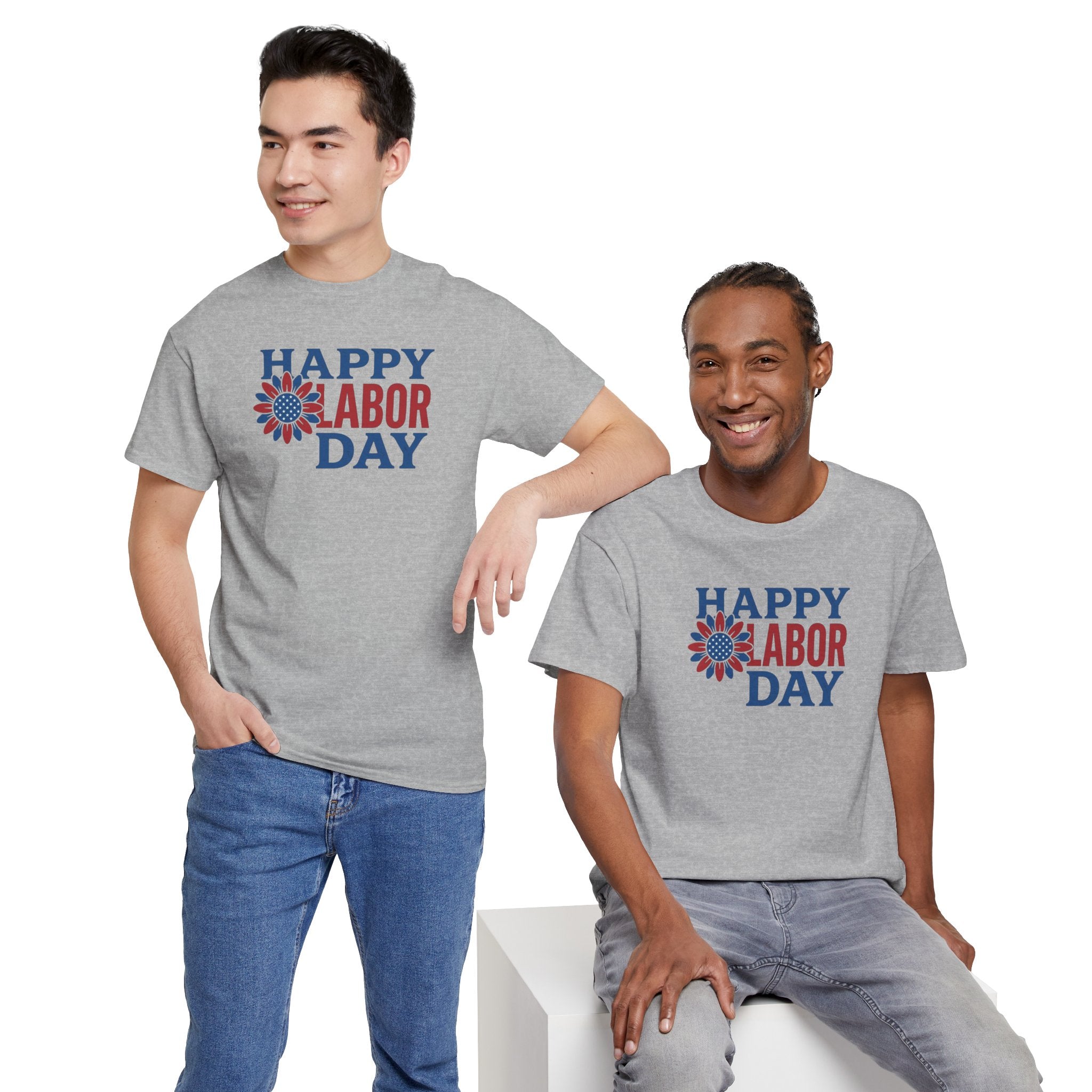 Happy Labor Day T-Shirt | Patriotic Floral Sunburst, Red Blue Holiday Tee