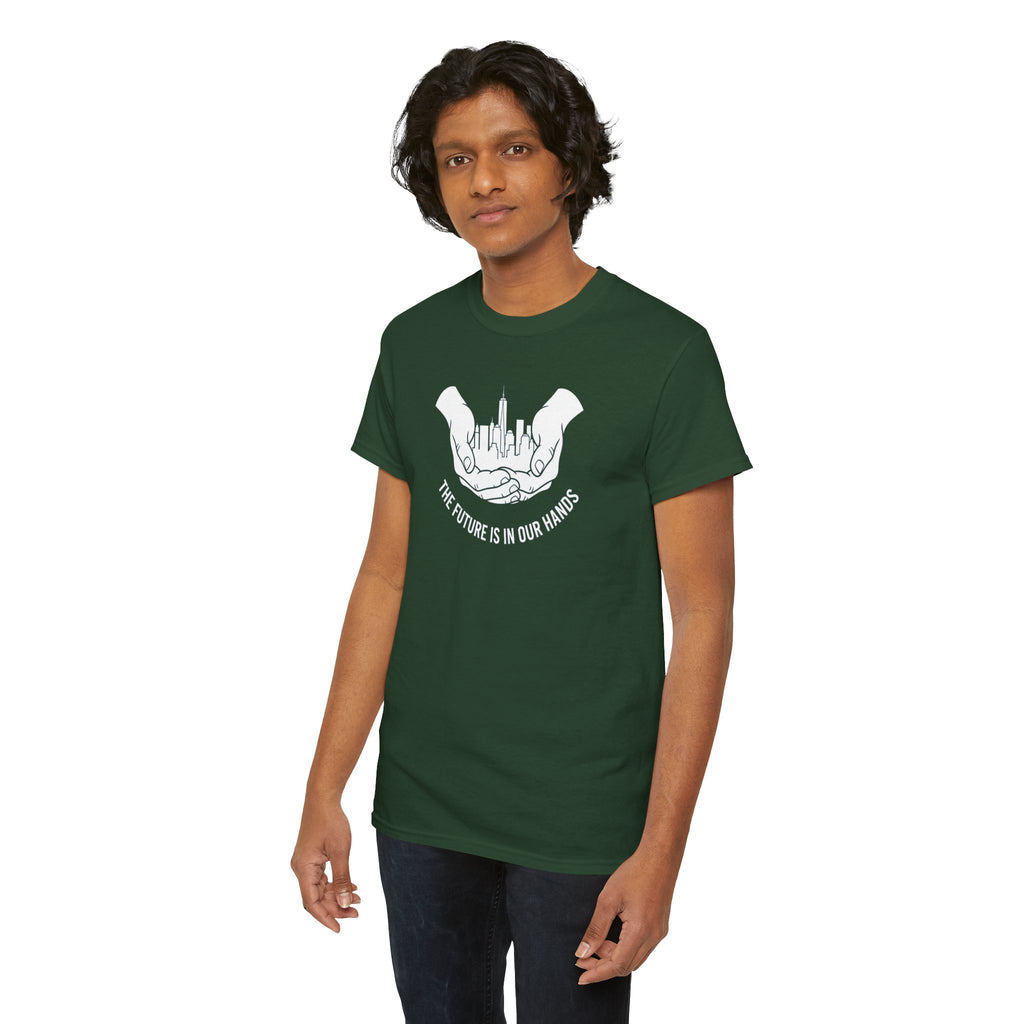 The Future Is In Our Hands T-Shirt | Hands Holding City Skyline Graphic