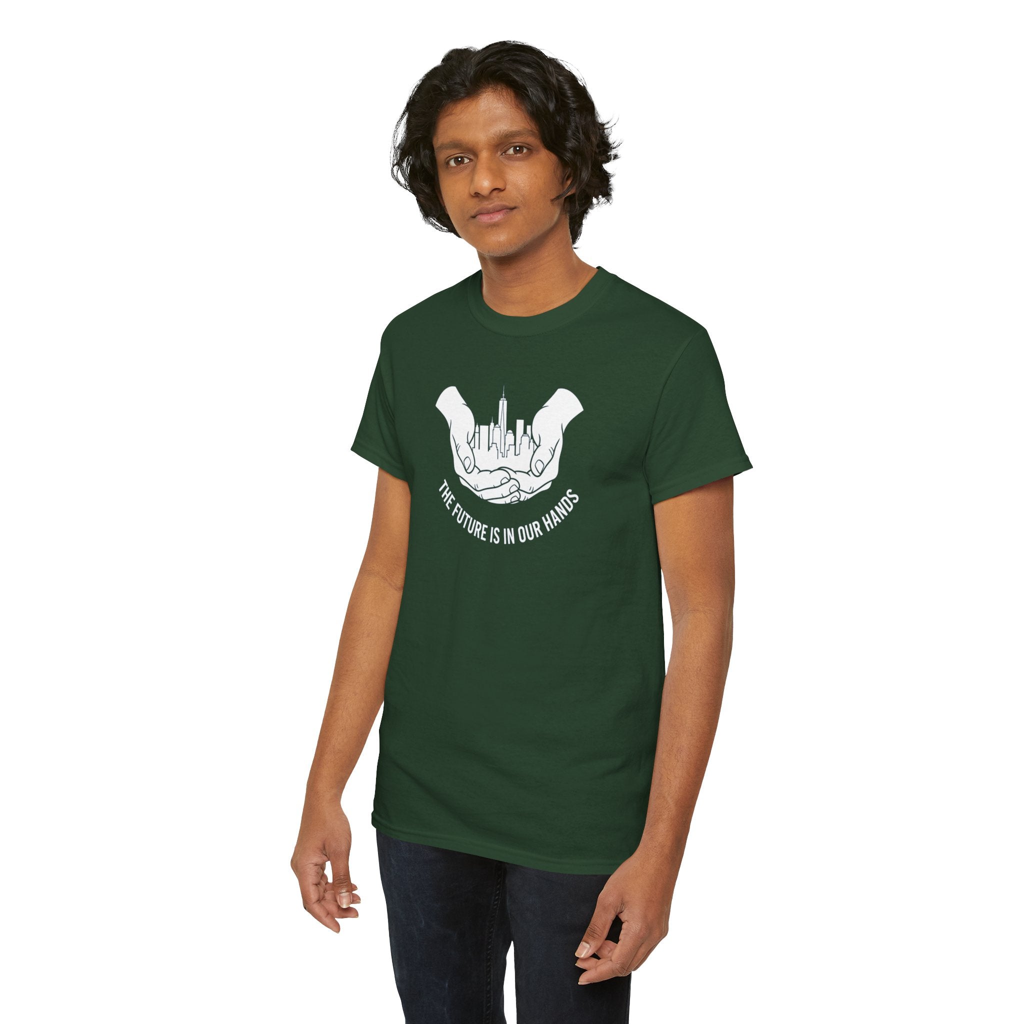 The Future Is In Our Hands T-Shirt | Hands Holding City Skyline Graphic