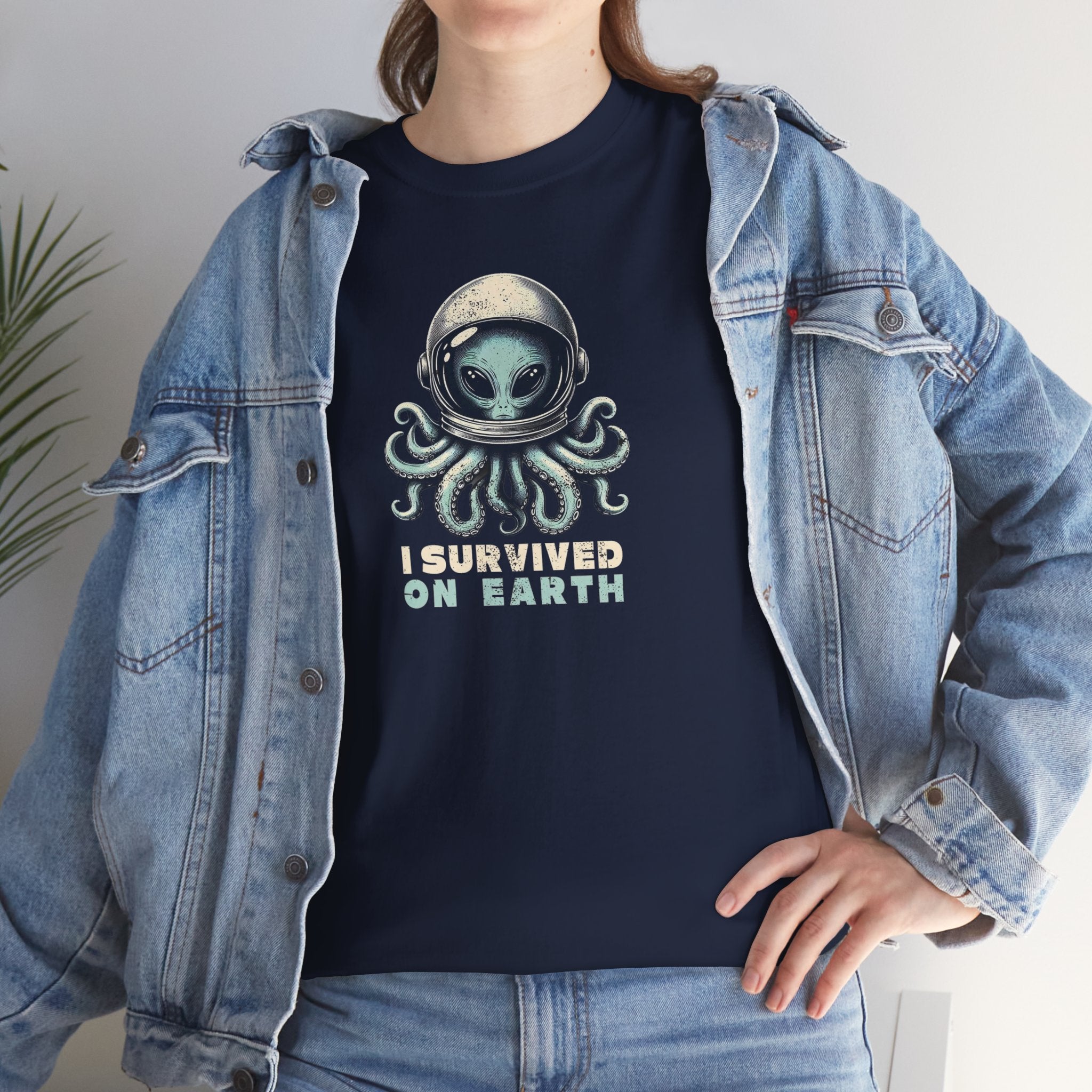I Survived on Earth Alien Octopus Tee | Space Helmet Illustration