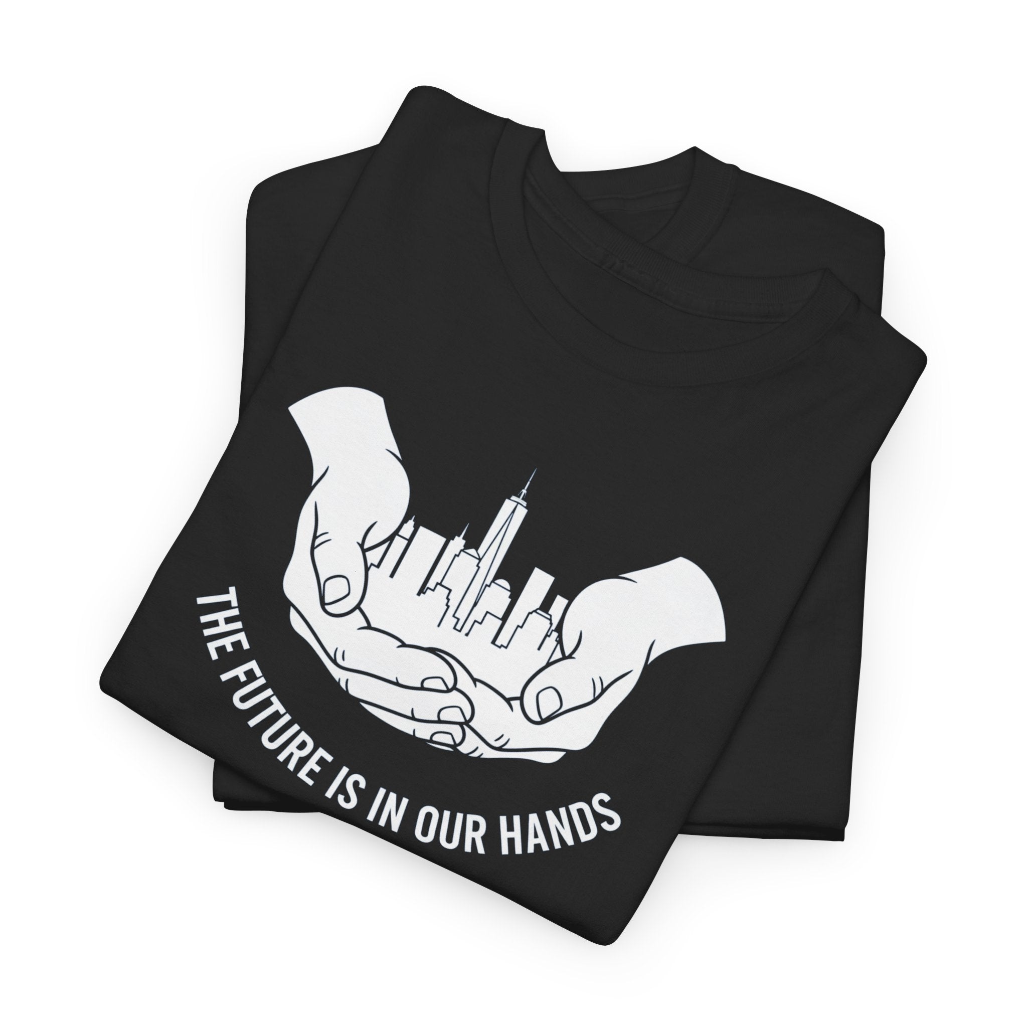 The Future Is In Our Hands T-Shirt | Hands Holding City Skyline Graphic