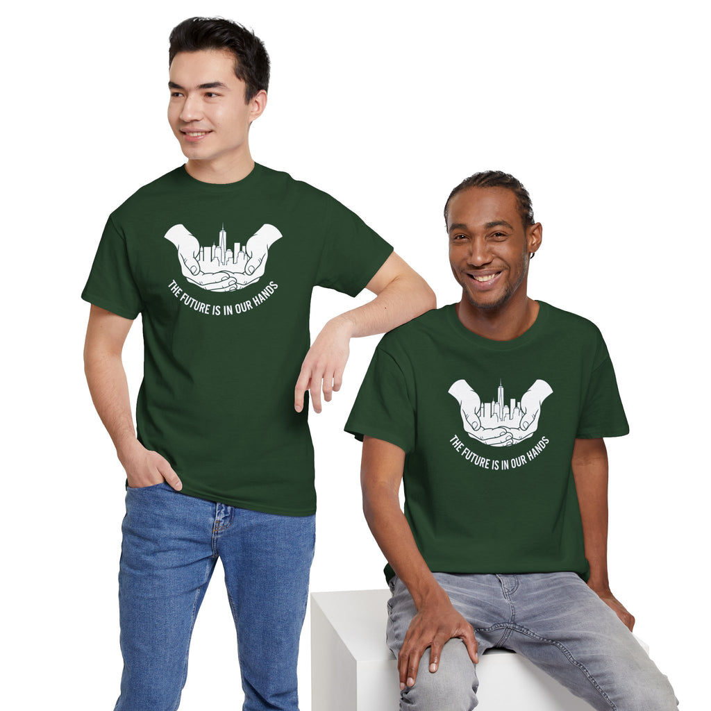 The Future Is In Our Hands T-Shirt | Hands Holding City Skyline Graphic