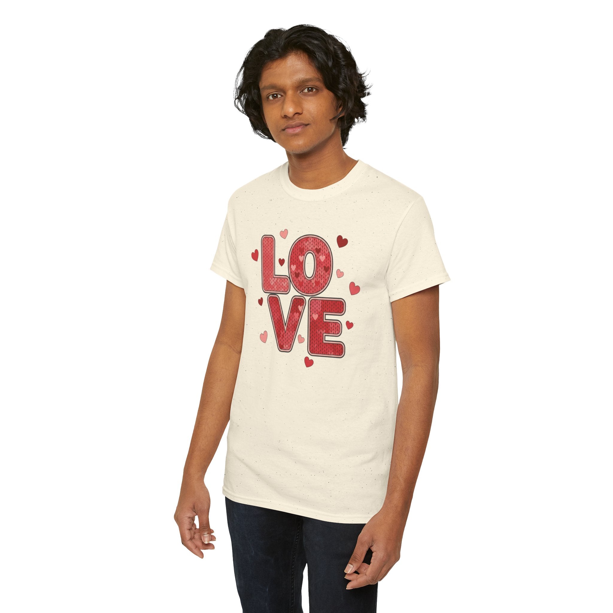 LOVE Heart Pattern T-Shirt  - Valentine Day Typography Tee with Red Hearts