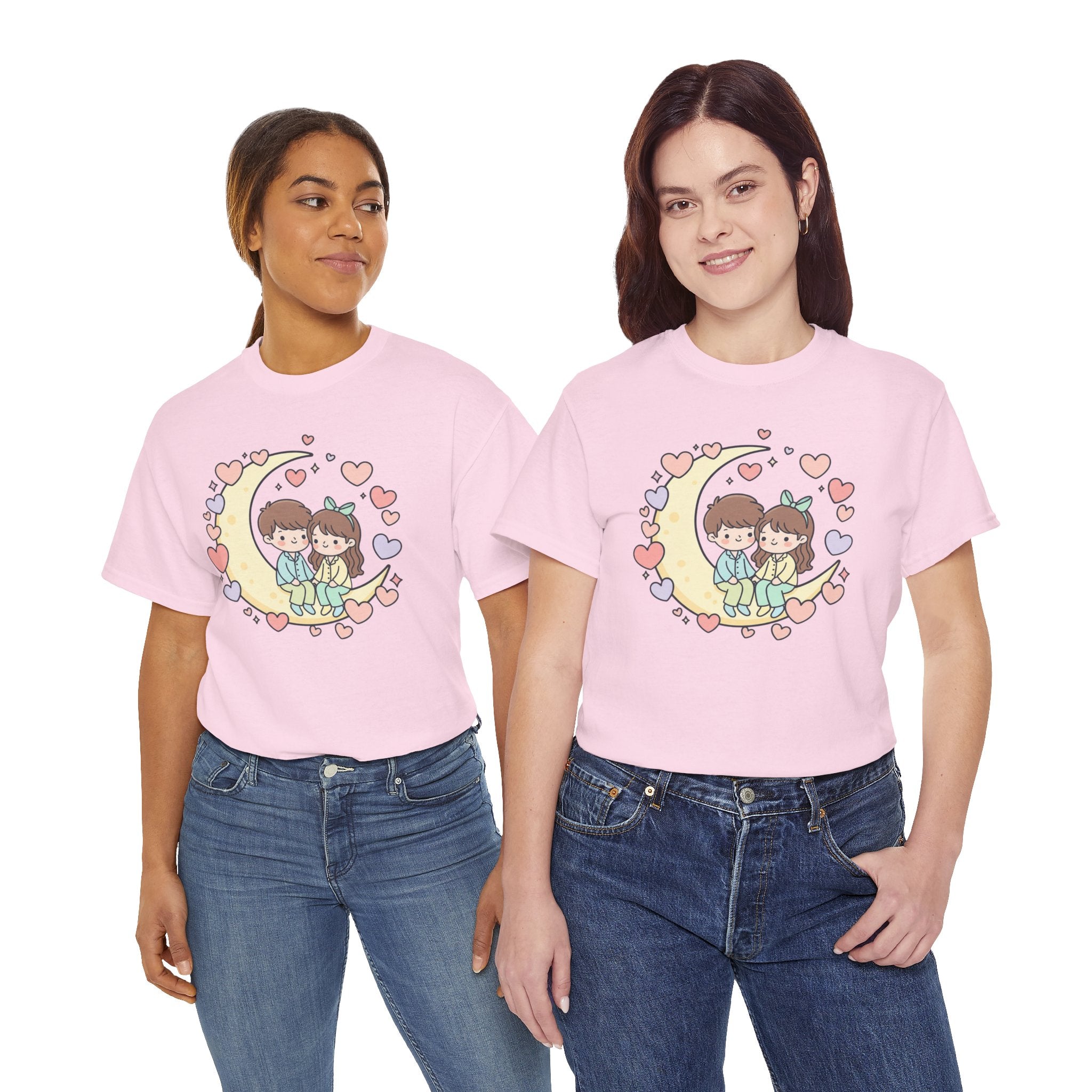 Cute Couple on Moon Valentine's Day T-Shirt | Kawaii Heart Illustration