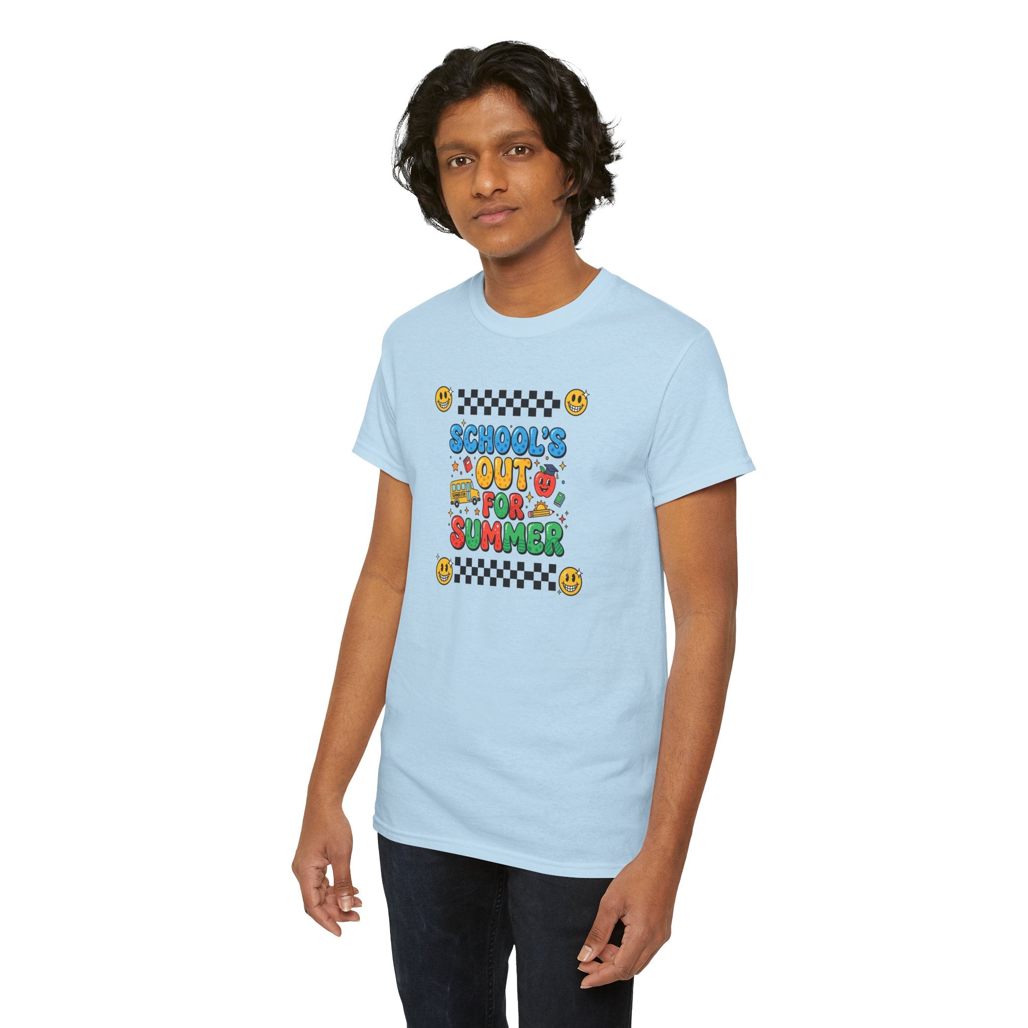 School's Out for Summer T-Shirt | Retro Smileys, Checkerboard, Bright Kids Graphic