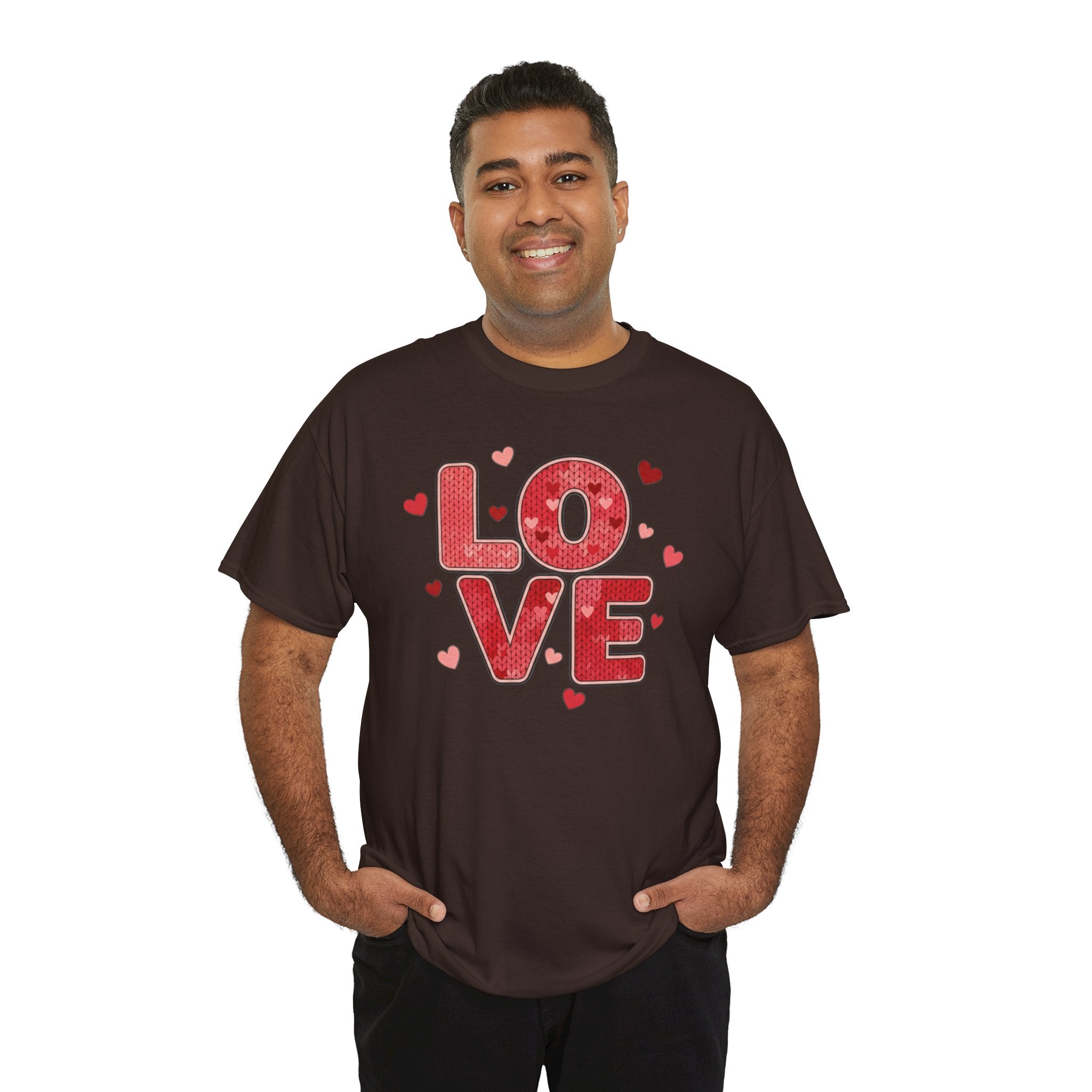 LOVE Heart Pattern T-Shirt  - Valentine Day Typography Tee with Red Hearts