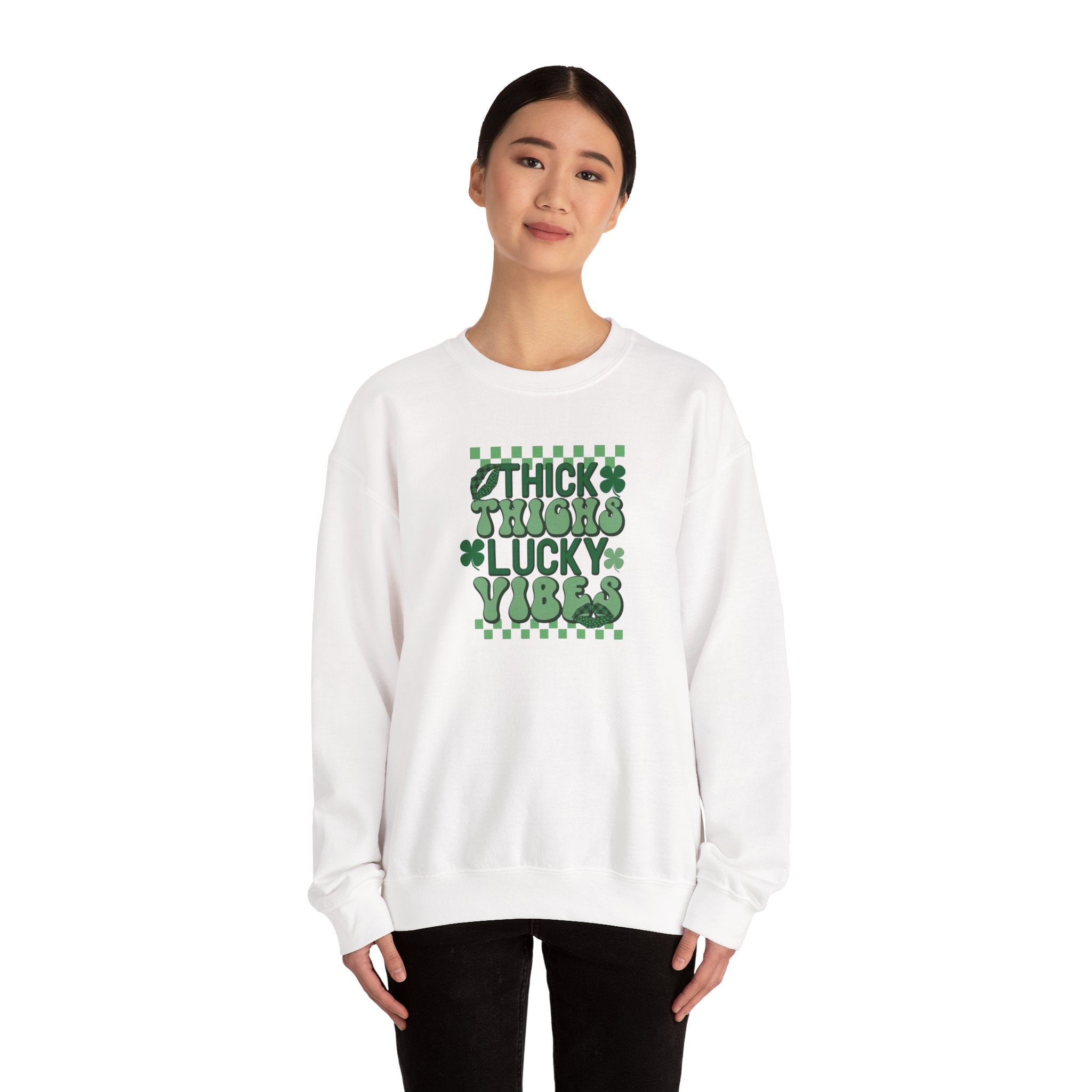 Thick Thighs Lucky Vibes Sweatshirt | Retro Clover Stacked Text