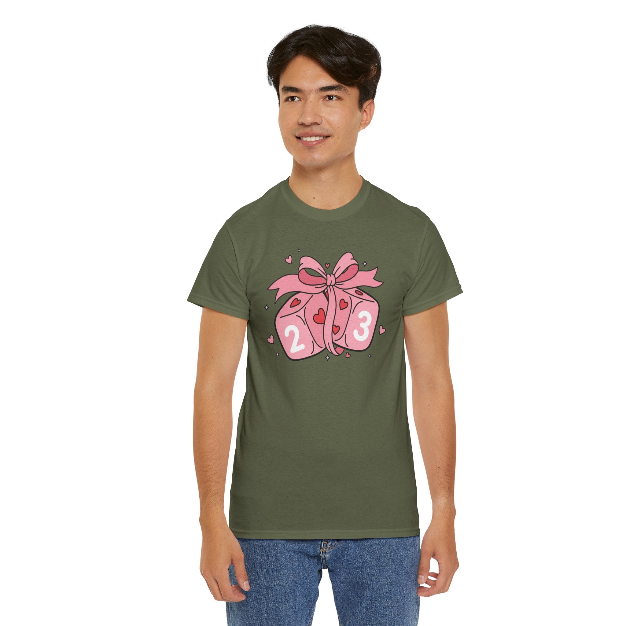 Valentine's Day Pink Dice T-Shirt | Cute D6 Gaming Tee with Bow