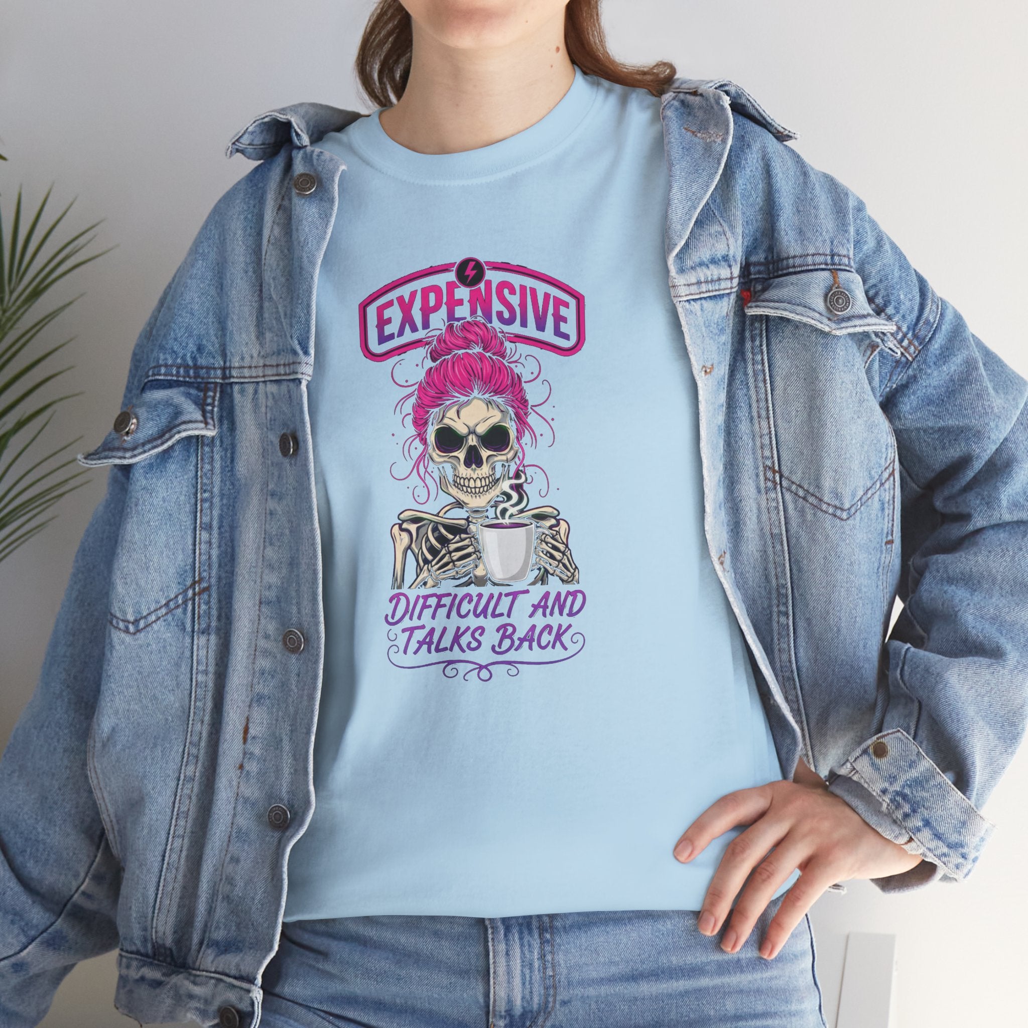 Expensive Skull with Pink Beanie T-Shirt | 'Difficult and Talks Back' Graphic Tee