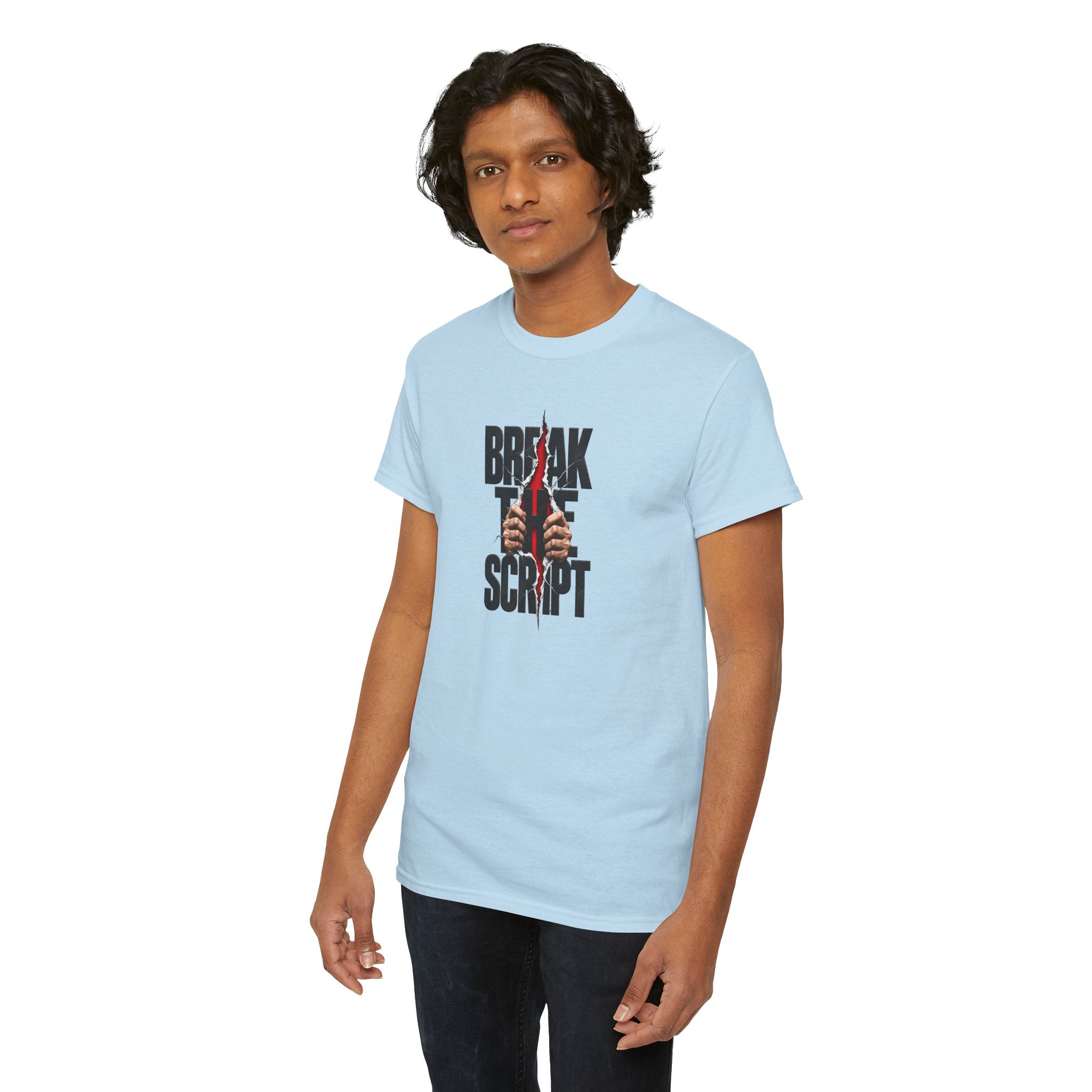 Break the Script hands ripping text Tee | Rebellious typography shirt