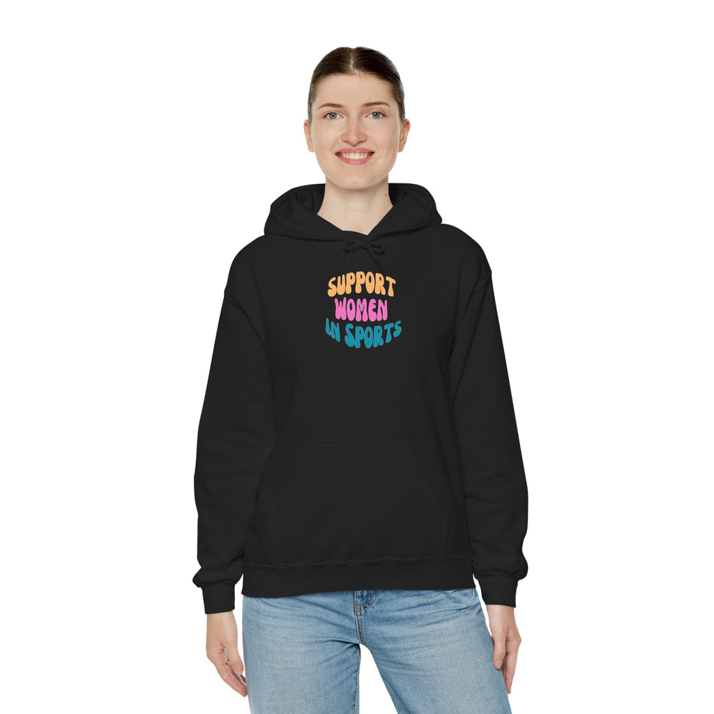 Support Women in Sports Hoodie | Rainbow Text Athletic Advocacy Sweatshirt