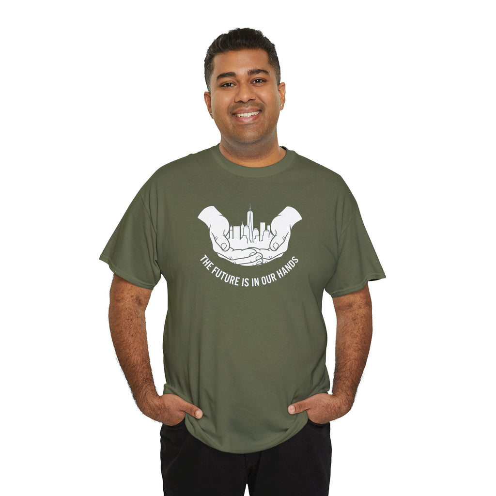 The Future Is In Our Hands T-Shirt | Hands Holding City Skyline Graphic